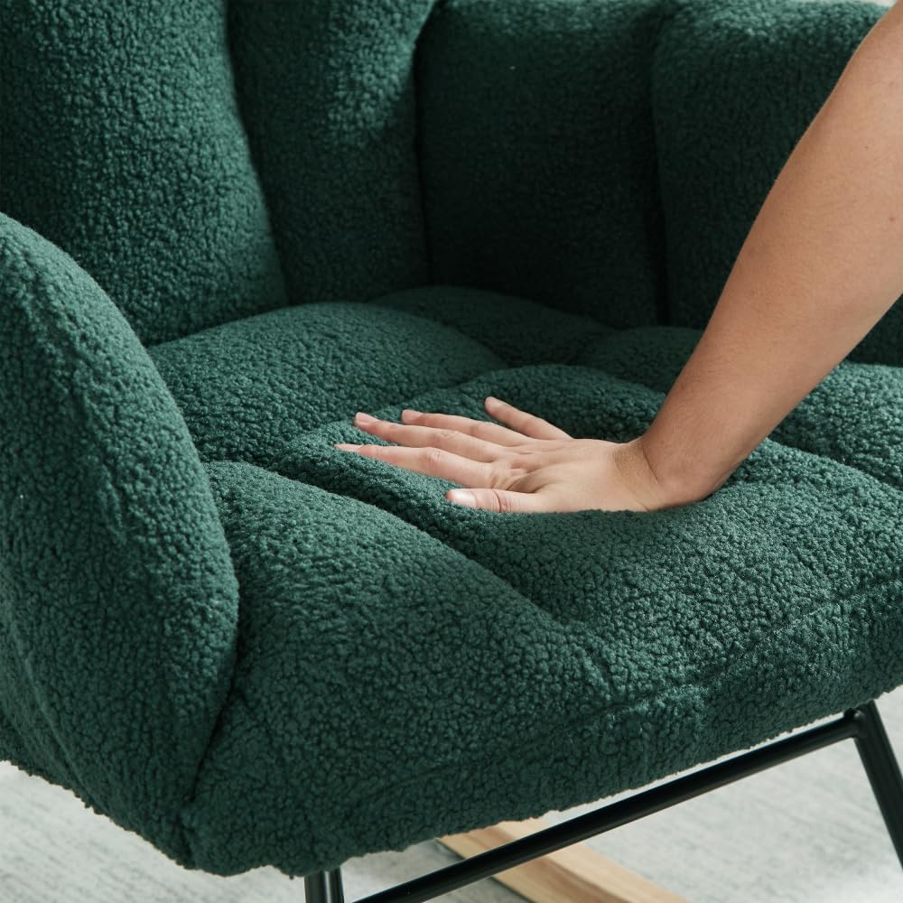 Tufted Upholstered Teddy Fabric Rocking Chair with Metal Frame Accent Chair Ivory White (Green + Teddy)