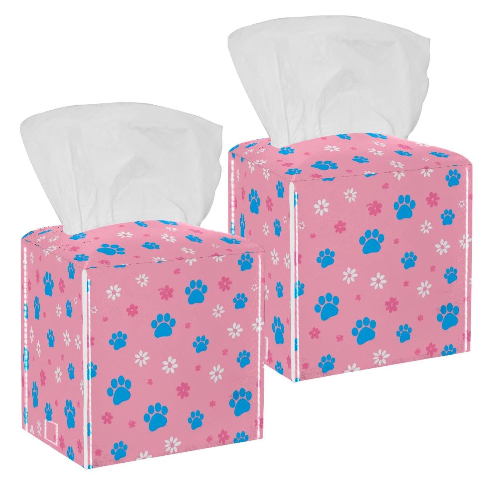 Dog Paws Tissue Box Cover, 2 Pack PU Leather Square Facial Tissue Dispenser Box holder for Home Office Car