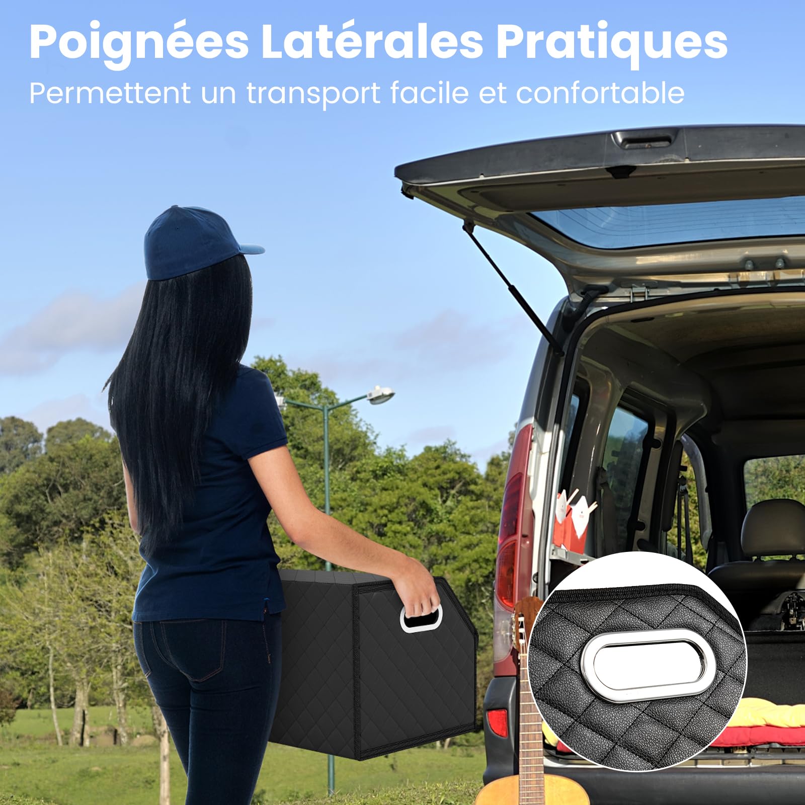 GOPLUS Rangement Coffre de Voiture, Organisateur Coffre Voiture avec Couvercle et Séparateur Amovible, Grande Capacité de Stockage, Poignée Intégrée, pour SUV, Camion, Camping (Noir Carreaux,35L)