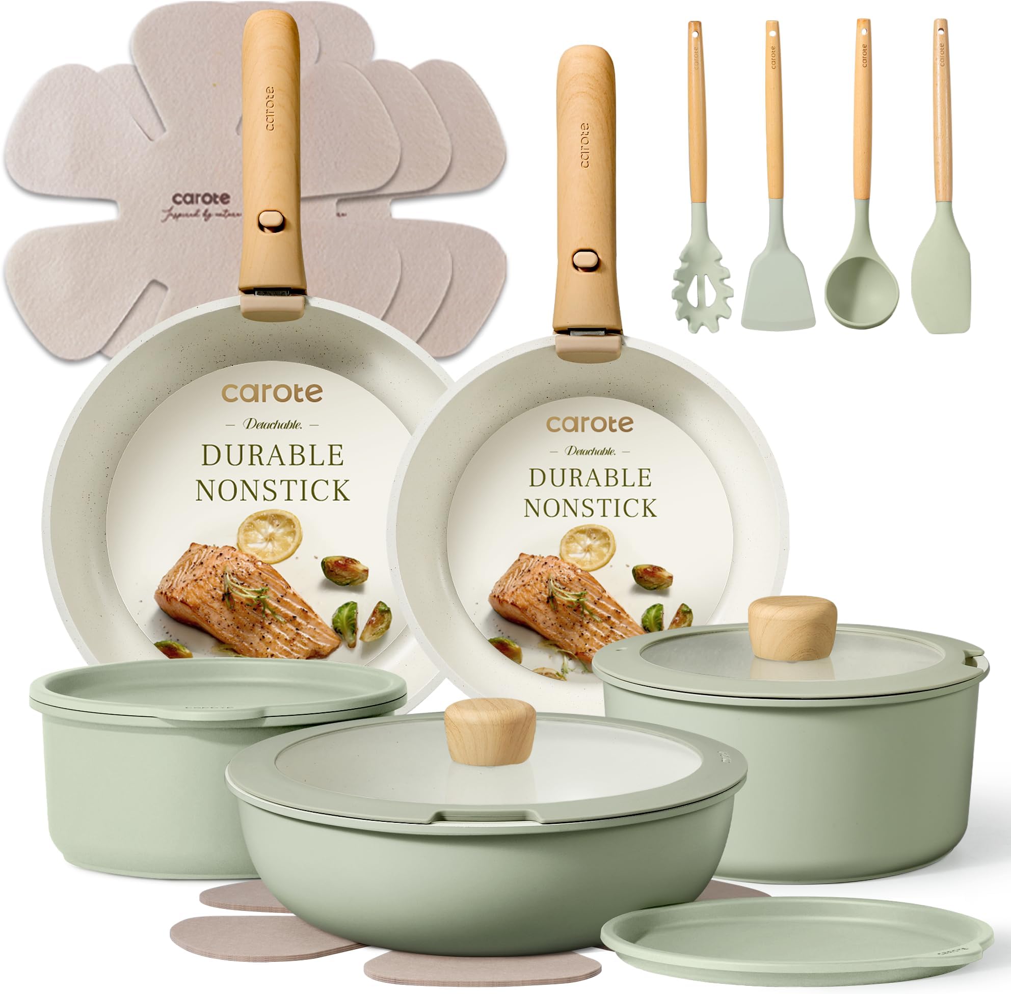 Pots and Pans Set, Nonstick Cookware Set Detachable Handle, 15pcs Induction Kitchen Cookware Sets Non Stick with Removable Handle, RV Cookware Set, Oven Safe, Sage Green