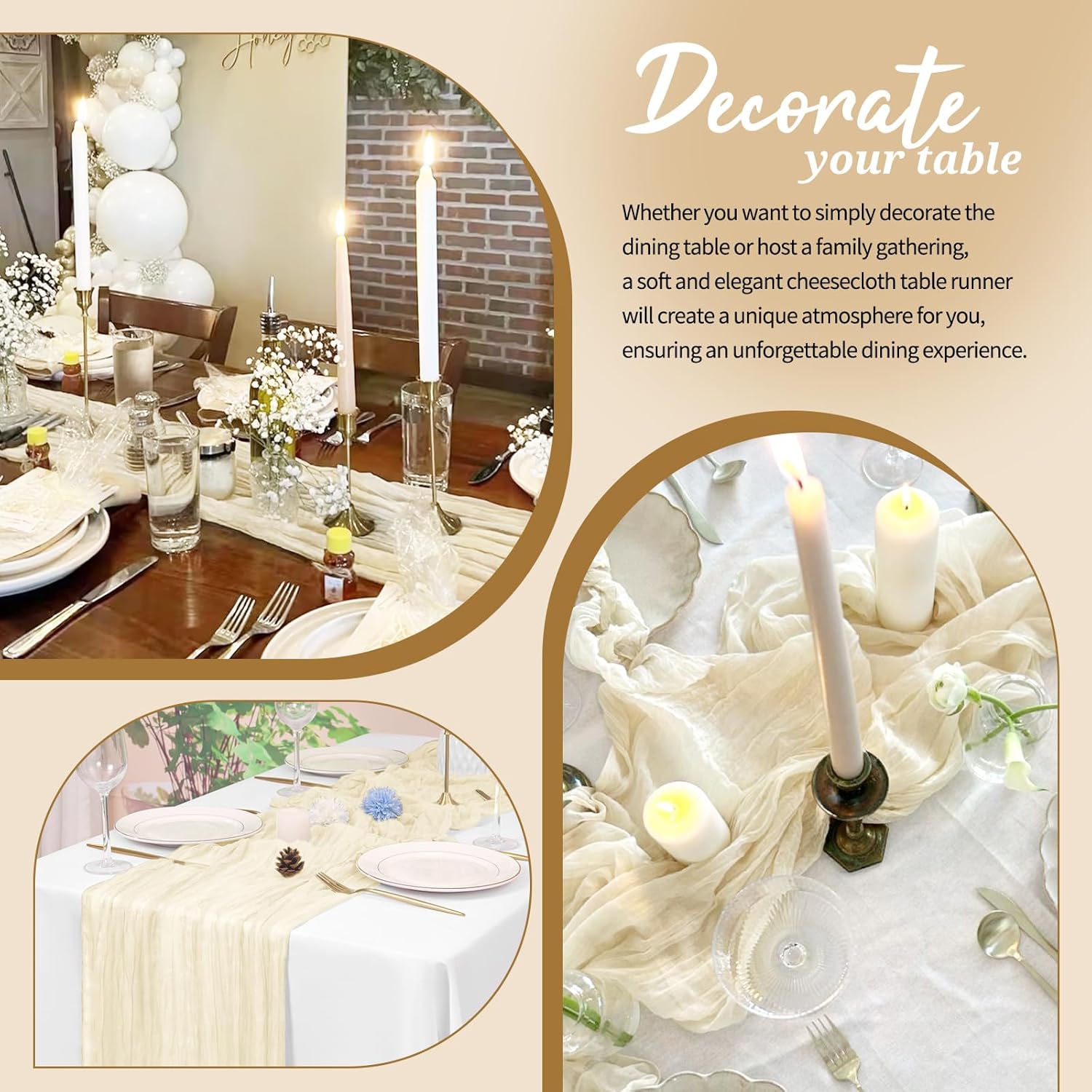 18 Pack Cheesecloth Table Runner Ivory 10Ft Rustic Boho Gauze Table Runner Romantic Long Sheer Fabric Cheesecloth Table Runner for Wedding Festival Birthday Anniversary Dinner Outdoor Events