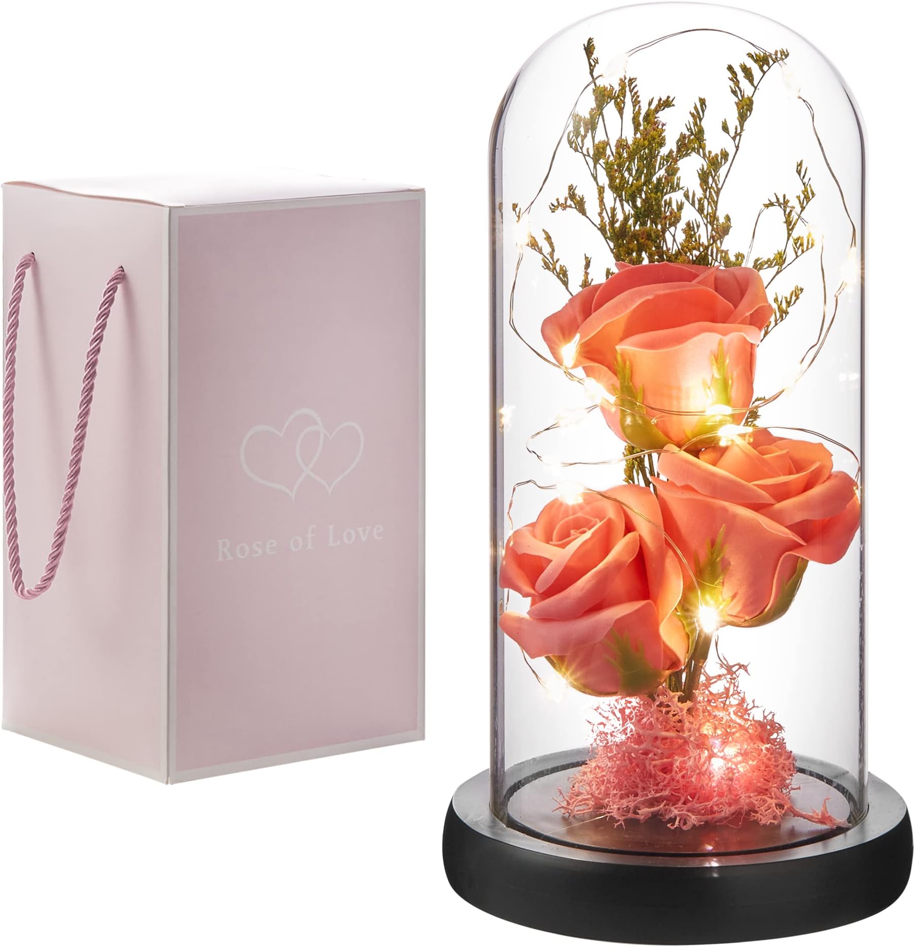 oridom Preserved Flower Gift, Light Up Rose in Glass Dome, Eternal Forever Rose Flower Gifts for Her, Grandma, Mother’s Day, Valentine’s Day, Anniversary, Birthday, Christmas Decorations, Rose Pink