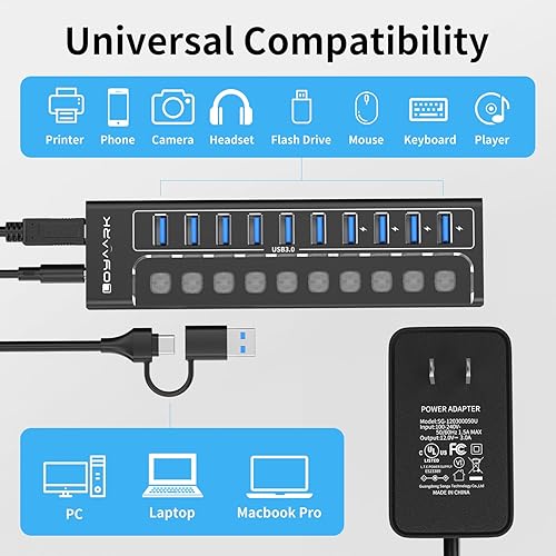 Miniatura 7 de Hub USB 3.0 alimentado, divisor de concentrador USB de 10 puertos con interruptores individuales y luces indicadoras, 10 puertos de transferencia de