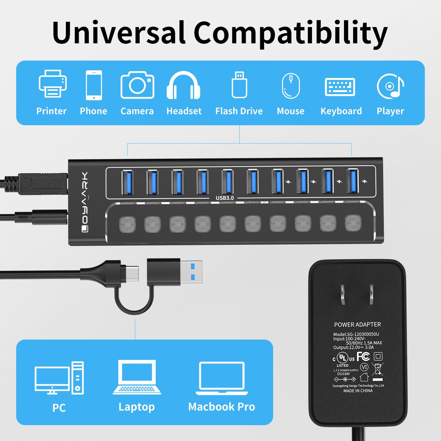 Hub USB 3.0, divisor de concentrador USB de 10 puertos con interruptores individuales y luces indicadoras, 10 puertos USB 3.0 de transferencia de datos, 4 de los cuales se pueden utilizar para carga