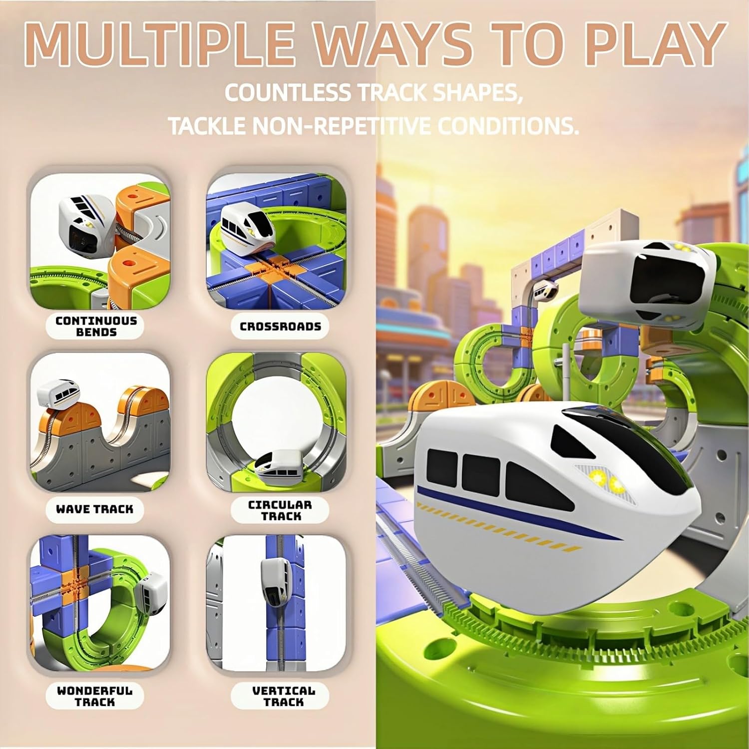 94PCS Electric Train Set, Flexible Track Fusion Train Set, DIY Train Track Building Kits with Train and Traffic Signs, for 4-10 Year Old Boys Girls Birthday Party Gifts