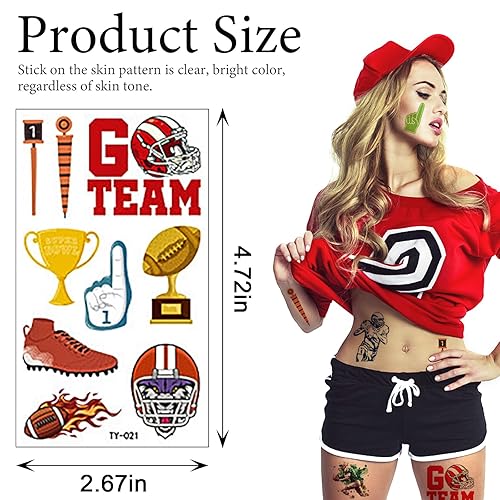 Miniatura 2 de 10 hojas de tatuajes temporales de fútbol americano, tema deportivo, palabras de retoque temporal, tatuaje temporal del Super Bowl, tatuaje falso