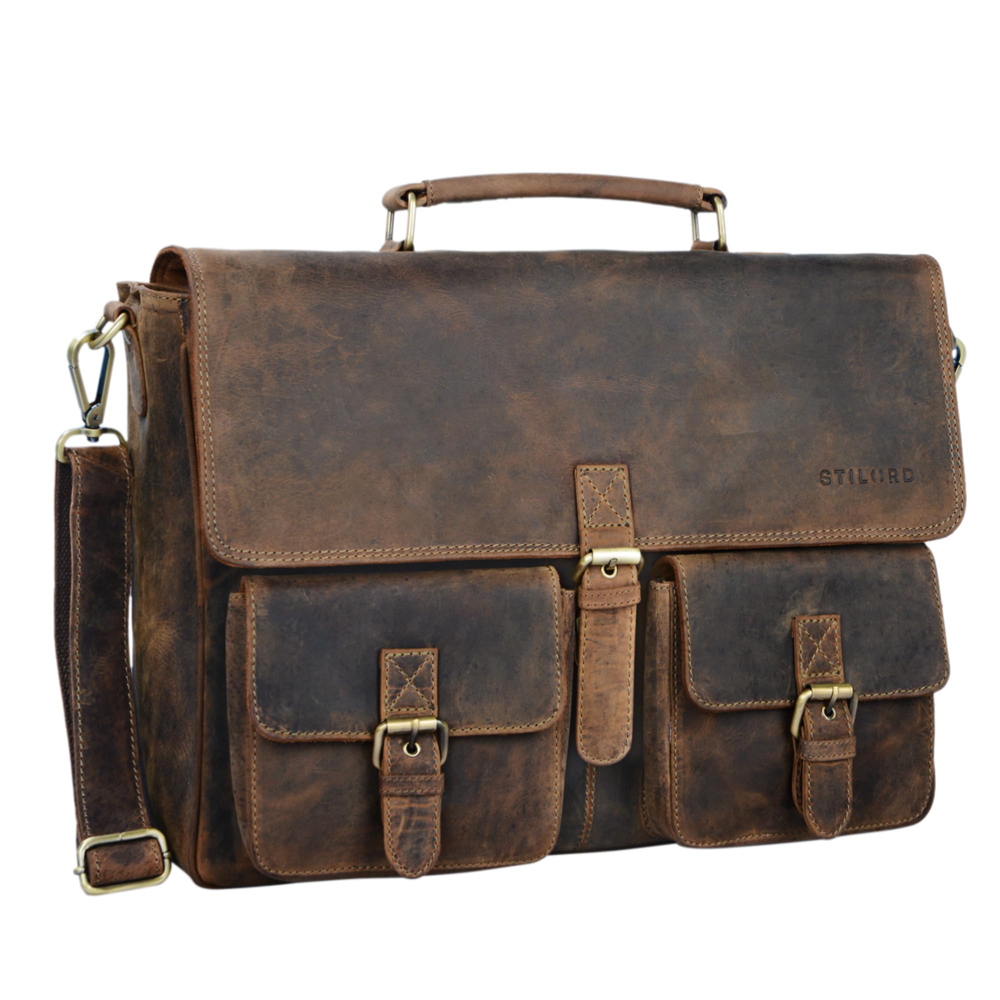 STILORD Victor Maletín Cuero portátil 15.6 Pulgadas Bolso Mensajero Grande Bolso Negocios Bandolera Hombre y Mujer de auténtica Piel Color:Negro