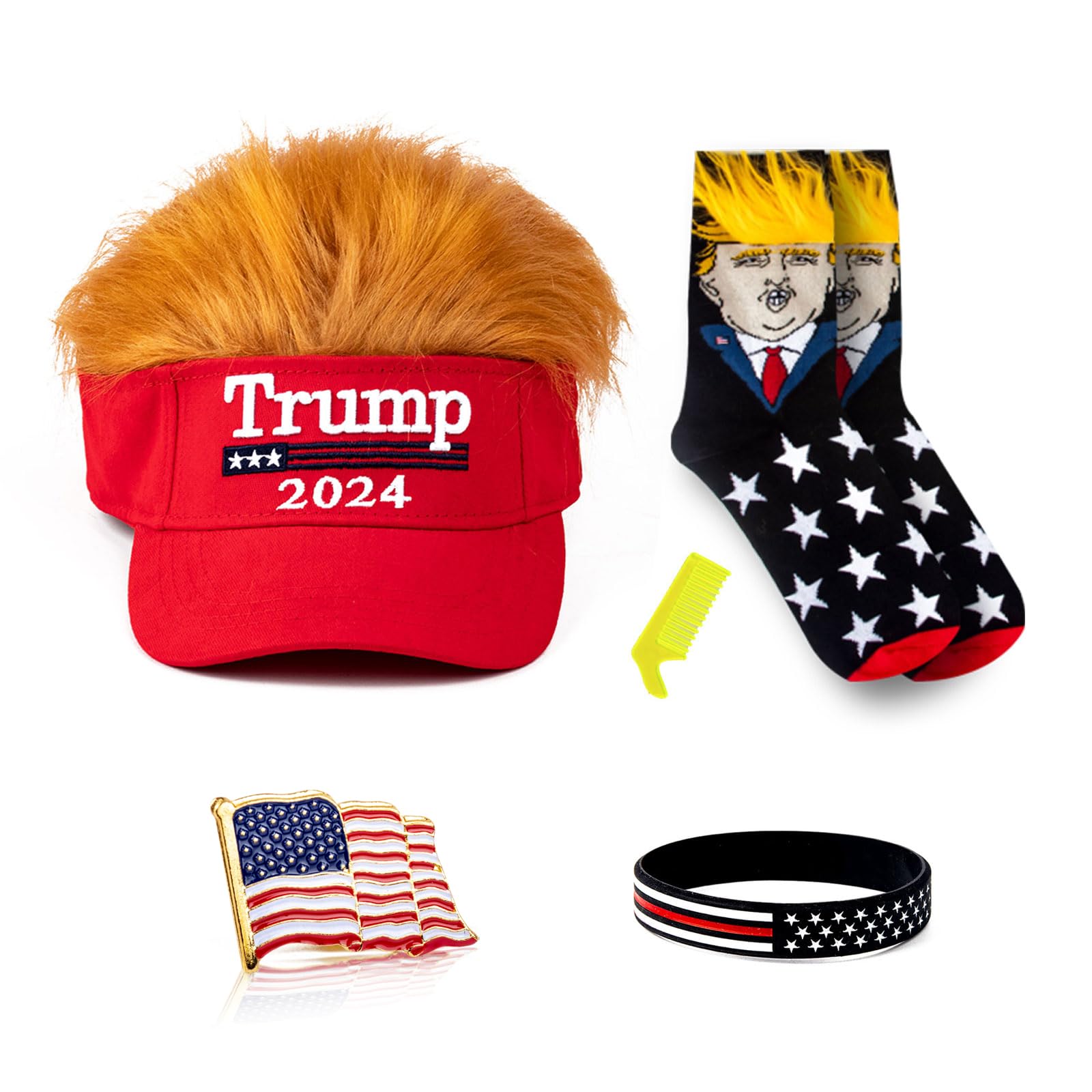 x xotic techTrump Supporter Kit, Donald Trump 2024 Wig Hat+Socks with Hair+Lapel Pin MAGA Make America Great Again Republicans Patriotic Unisex Funny Novelty USA President Merchandise Set