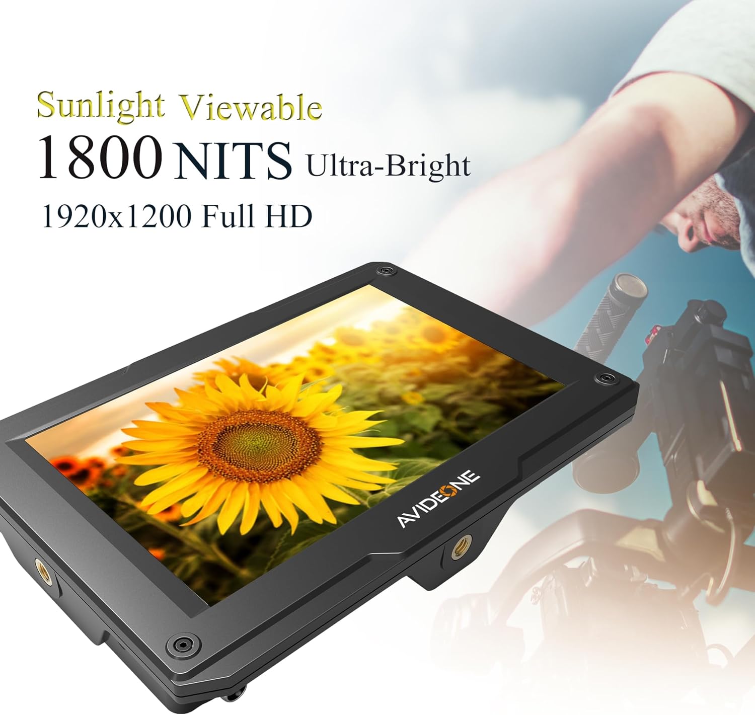 AVIDEONE monitor displaying a bright image with text 'Sunlight Viewable 1800 NITS Ultra-Bright'