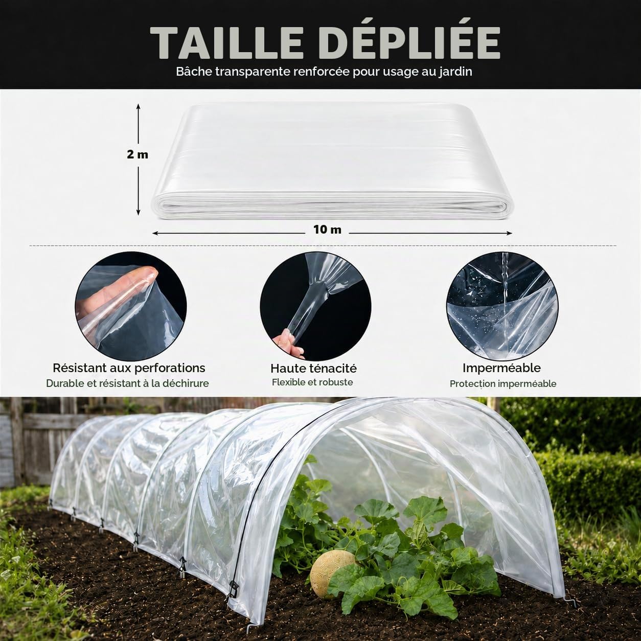 Bâche de Serre en Polyéthylène Transparente 2 x 10 m pour Jardin | Film Plastique Épais et Résistant pour Polytunnel, Couverture Horticole et Protection des Cultures contre le Vent et la Pluie