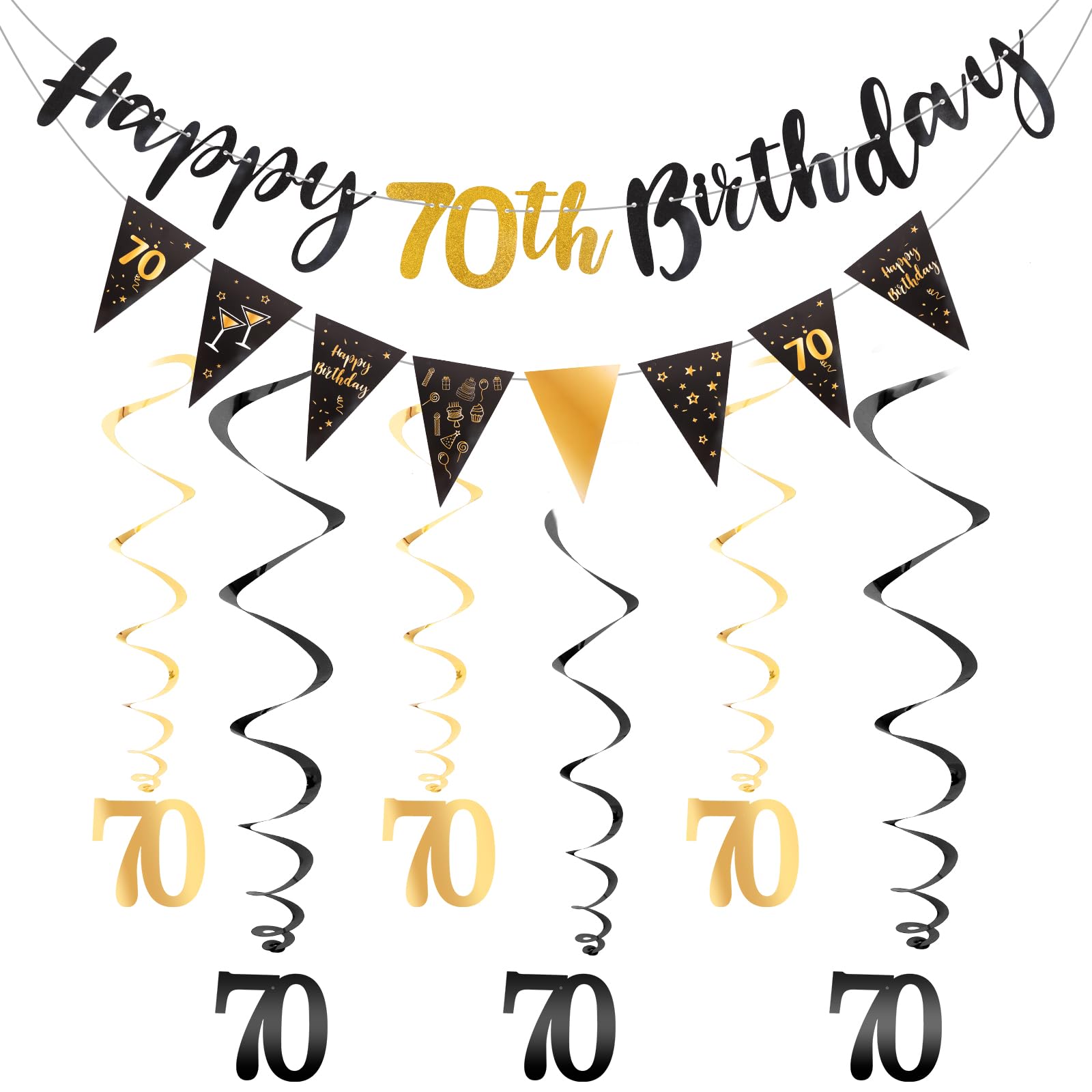 Luixenir 70th Birthday Decorations Black Gold 70th Birthday Banner, Hanging Swirls, Triangle Flags for 70th Birthday Party Decoration Set