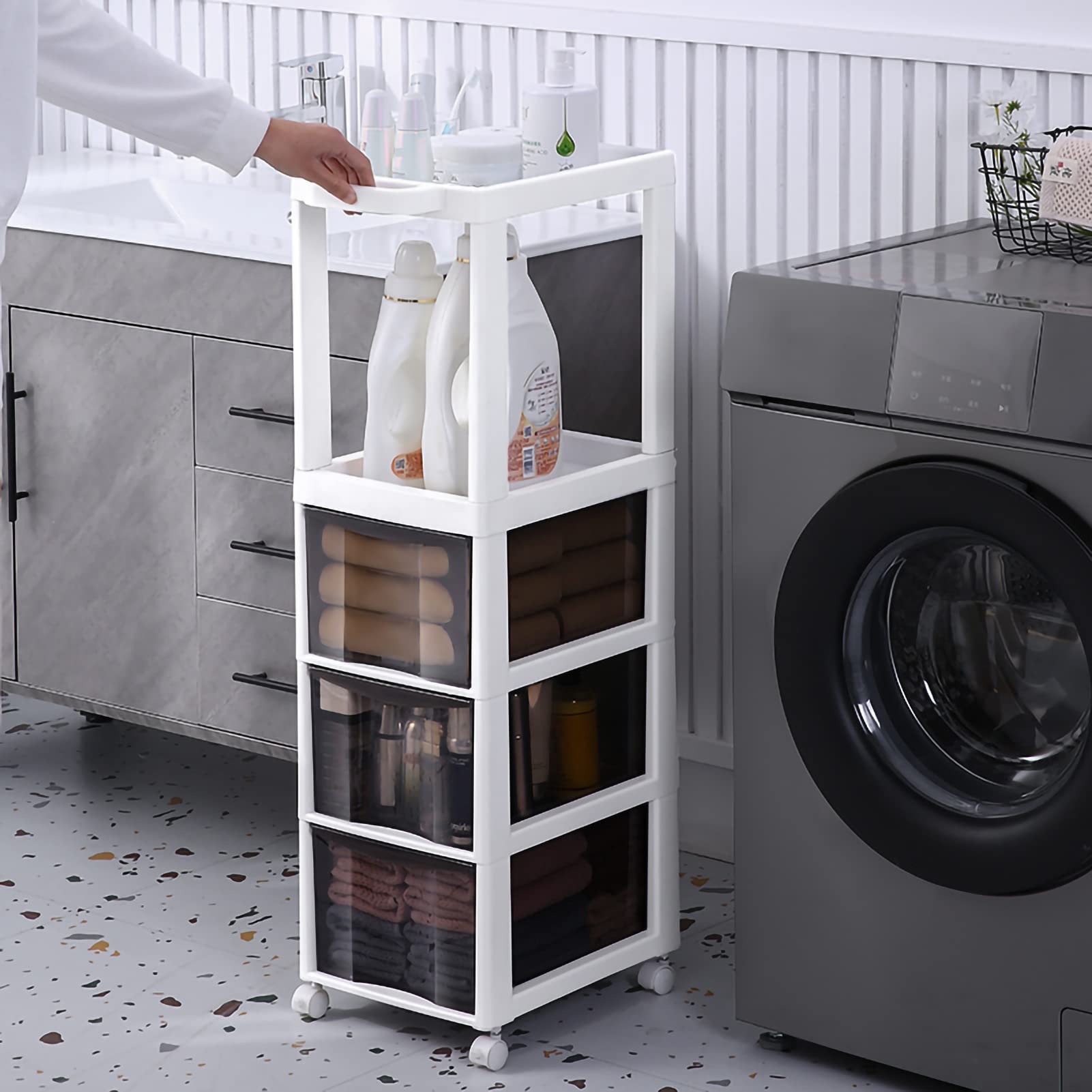 Cajones de almacenamiento apilables Gabinete de almacenamiento de baño Delgado con ruedas, Gabinete de piso de baño con ruedas angosto con cajón deslizable, Portarrollos