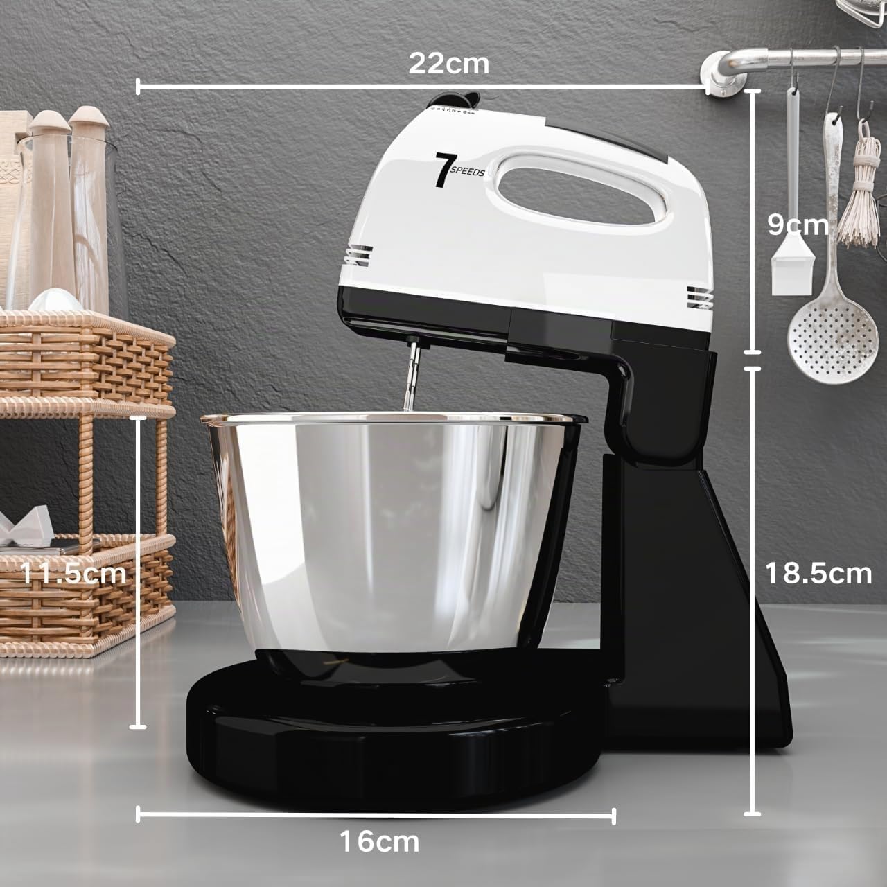 Batteurs sur socle, 7 vitesses avec bol en acier inoxydable 3QT, batteur sur socle et à main avec crochet pétrisseur, fouet, batteur mélangeur pour la cuisson (Gris FG1)