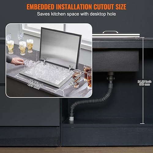 Miniatura 6 de VEVOR Arcón congelador de inserción, enfriador de hielo de acero inoxidable de 20" L x 16" W x 13" H, recipiente de hielo comercial con tapa de