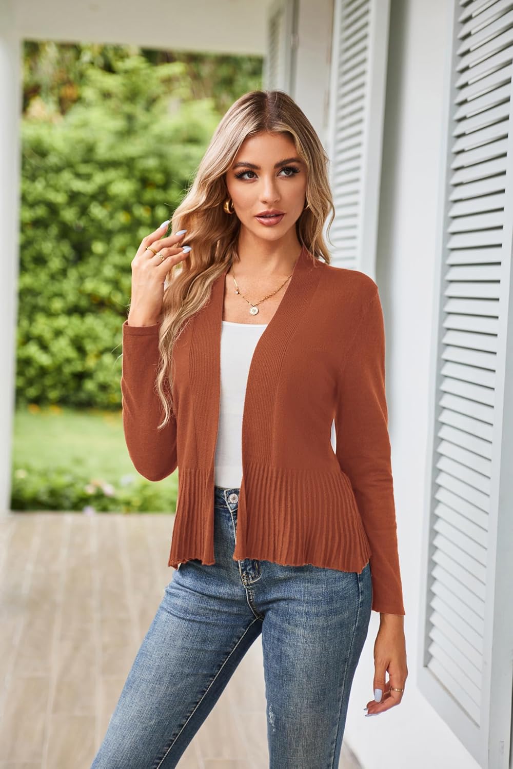 GRACE KARIN Women's Lightweight Draped Open Front Cropped Cardigan Long Sleeve Sweaters Peplum Knit Tops - Image 3