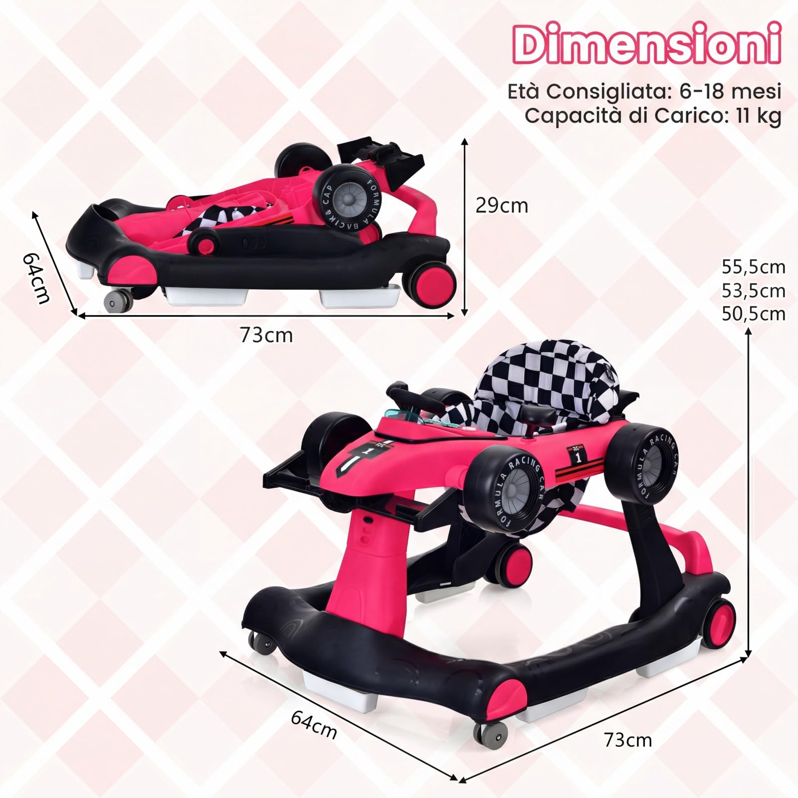 RELAX4LIFE Girello per Bambini 6 in 1 con Luci e Suoni, Vassoio Giocattolo Rimovibile, 2 Velocità Ruote e 3 Altezze Regolabili 50,5/53,5/55,5 cm, Portata 12 kg (ROSA SHOCKKING)