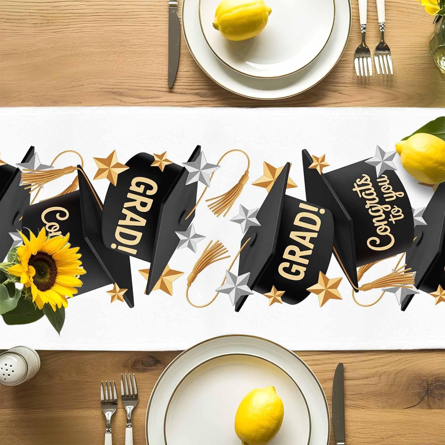 Graduation Cap Table Runner 90 Inches Long, Cotton Linen Kitchen Dinner Table Runners, Burlap Tablerunner for Dresser/Dining/Party/Wedding, Original Traditional American Star Gold