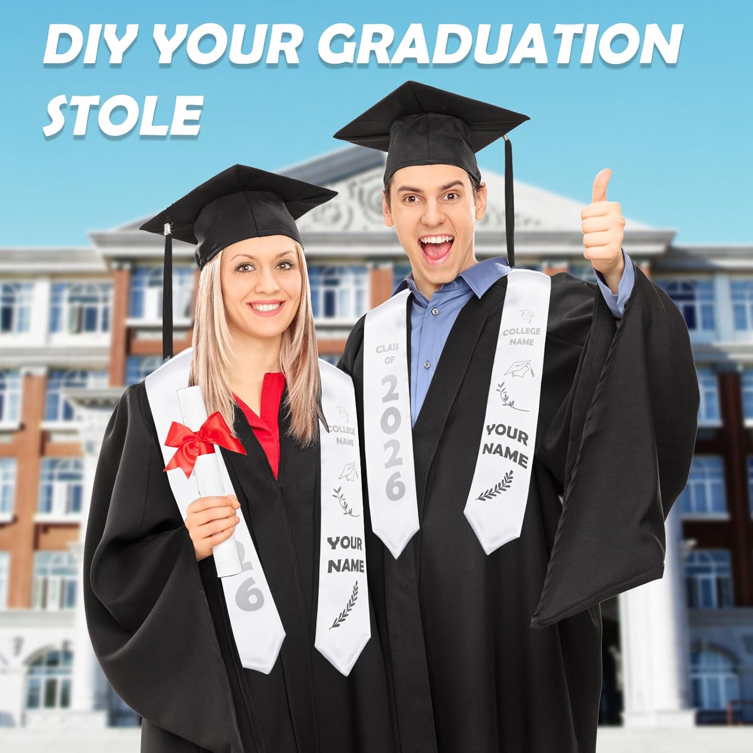 Pascliyna Graduation Stole Class of 2026, 72” Unisex Adults Graduation Satin Sash, Sublimation Blank DIY Customizable Stole