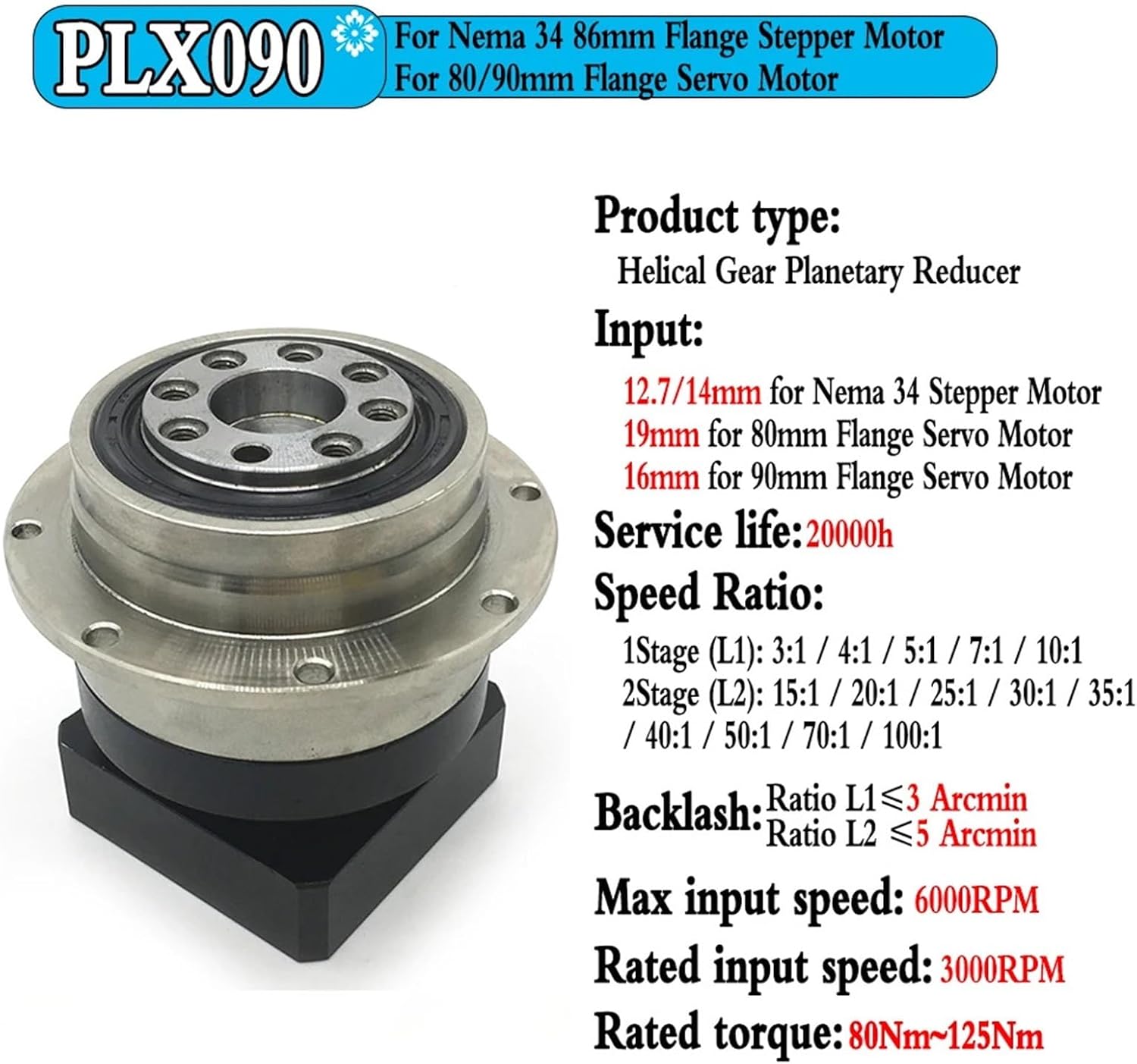 1pcs Helical Gear Flange Output Planetary Gearbox Reducer 5 ≤Arcmin Speed 4:1-100:1 NEMA34 86mm Stepper Motor Planetary Gearbox Computerized Numerical Control(12.7mm Input,Ratio 50 to 1)