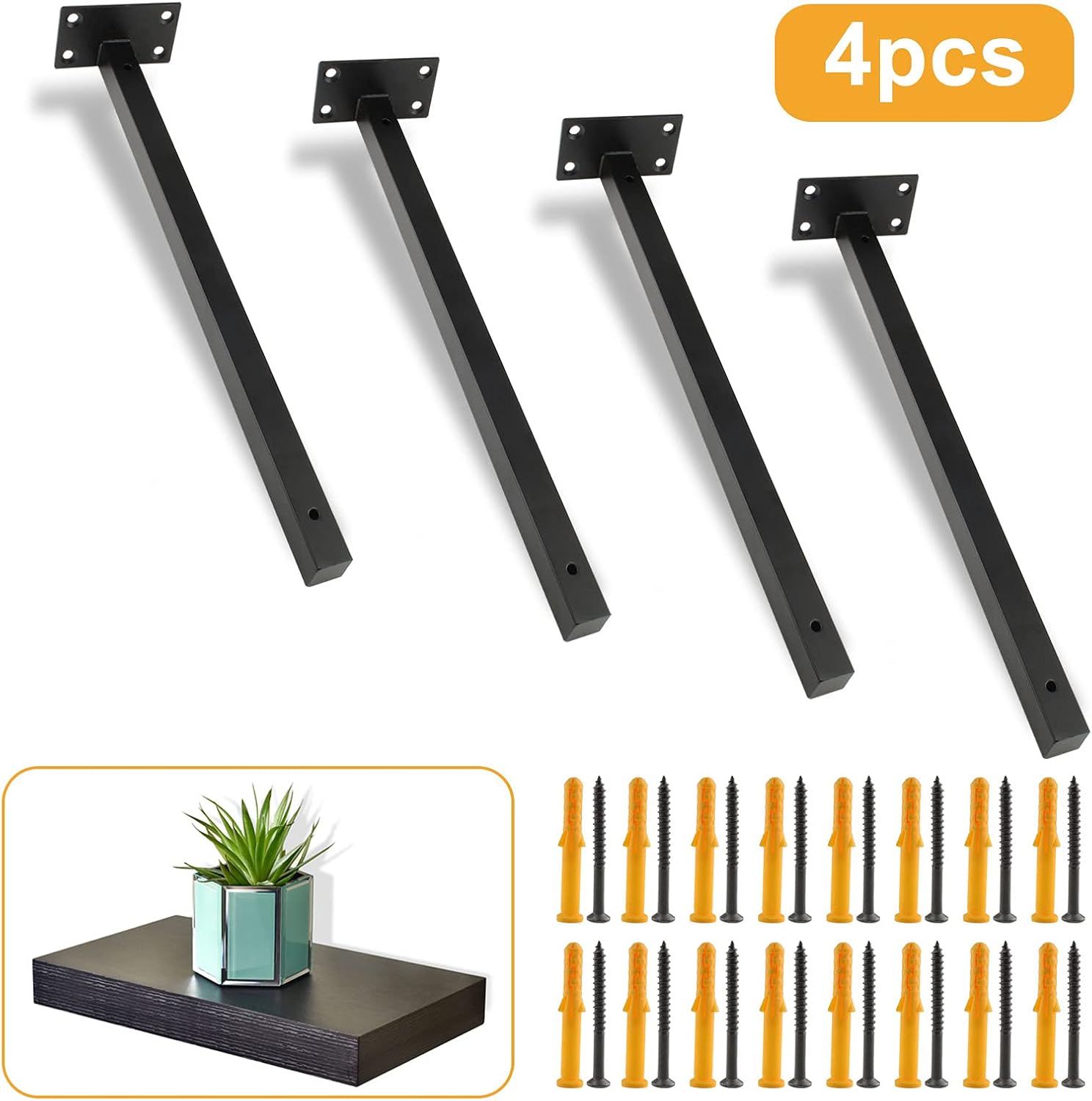 4 Pcs 16 Inch Floating Shelf Bracket Heavy Duty Blind Shelf Supports, Stainless Steel Hidden Wall Brackets for Floating Wood Shelves, Black