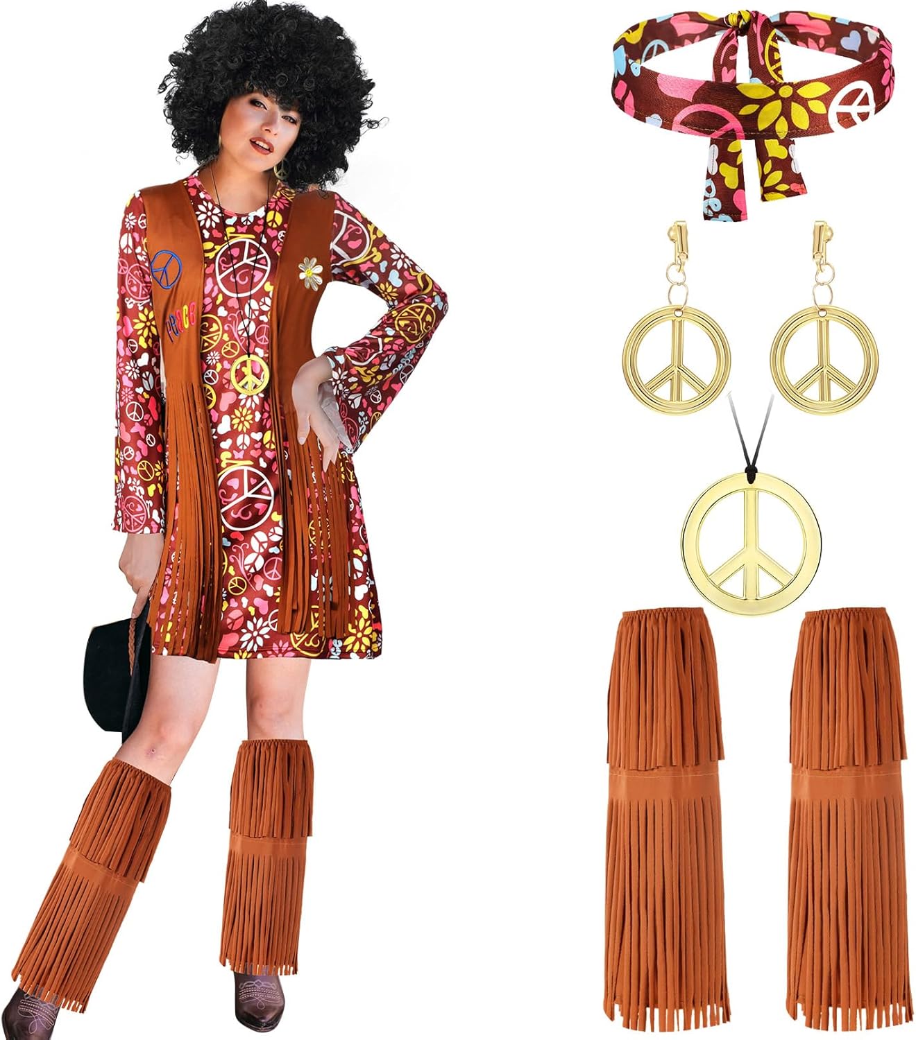 Shihanee 70s 60s Hippie Costume Set 70s Outfits Accessories for Carnival Party Halloween Women Disco Dress Small