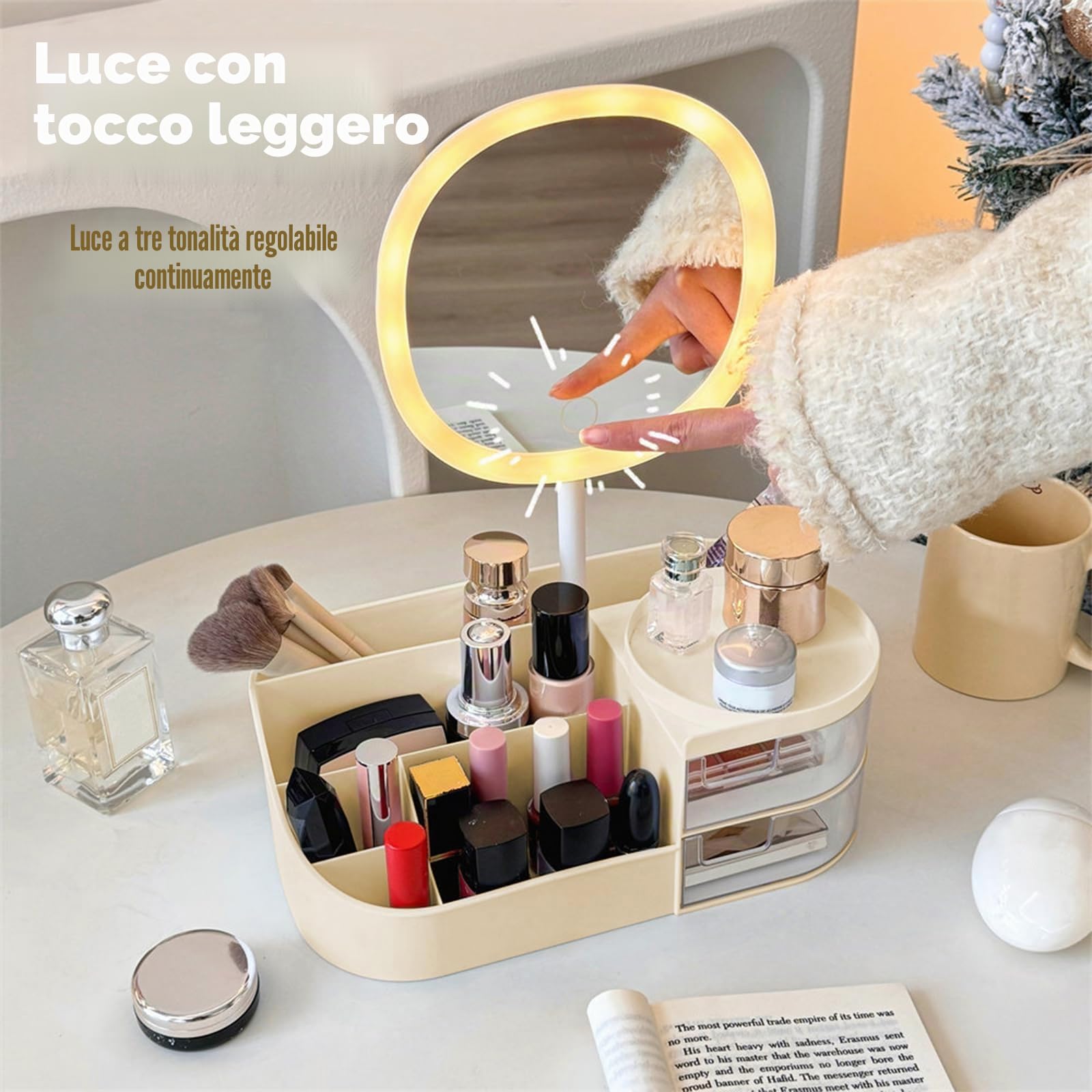 DASITON Organizer Trucchi con Specchio,Porta Trucchi Organizer con 2 Cassetti,Make Up Organizer Bagno per Cosmetici,Organizer Cosmetici Portatrucchi Organizzatore per Bagno,Camera da Letto(Crema)