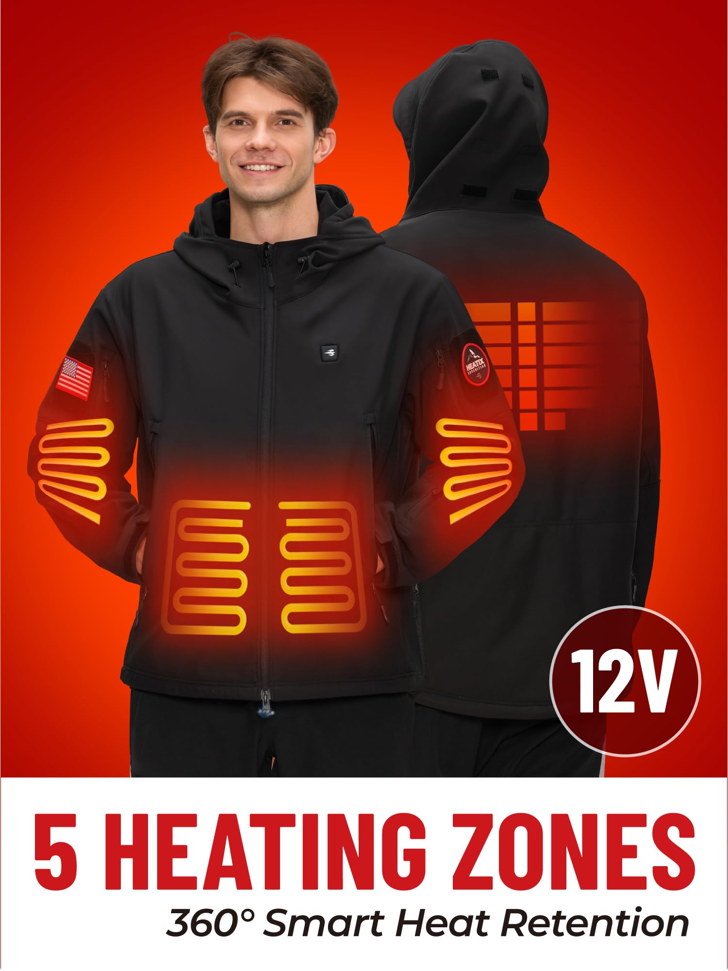 Veste Chauffante pour Homme avec Batterie 12V, Manteau d'hiver Softshell Chauffant Electrique avec Capuche Pliable
