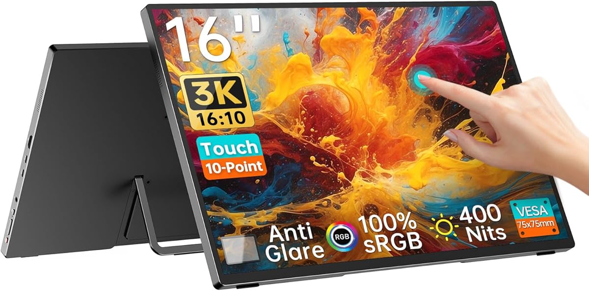 Intehill 16" Portable Touchscreen Monitor 3K, 16:10 Touch Screen Display with Tempered Glass, 100% sRGB Travel Monitor with Adjustable Stand, Speakers, HDMI Second External Screen for Laptop, U16ZT