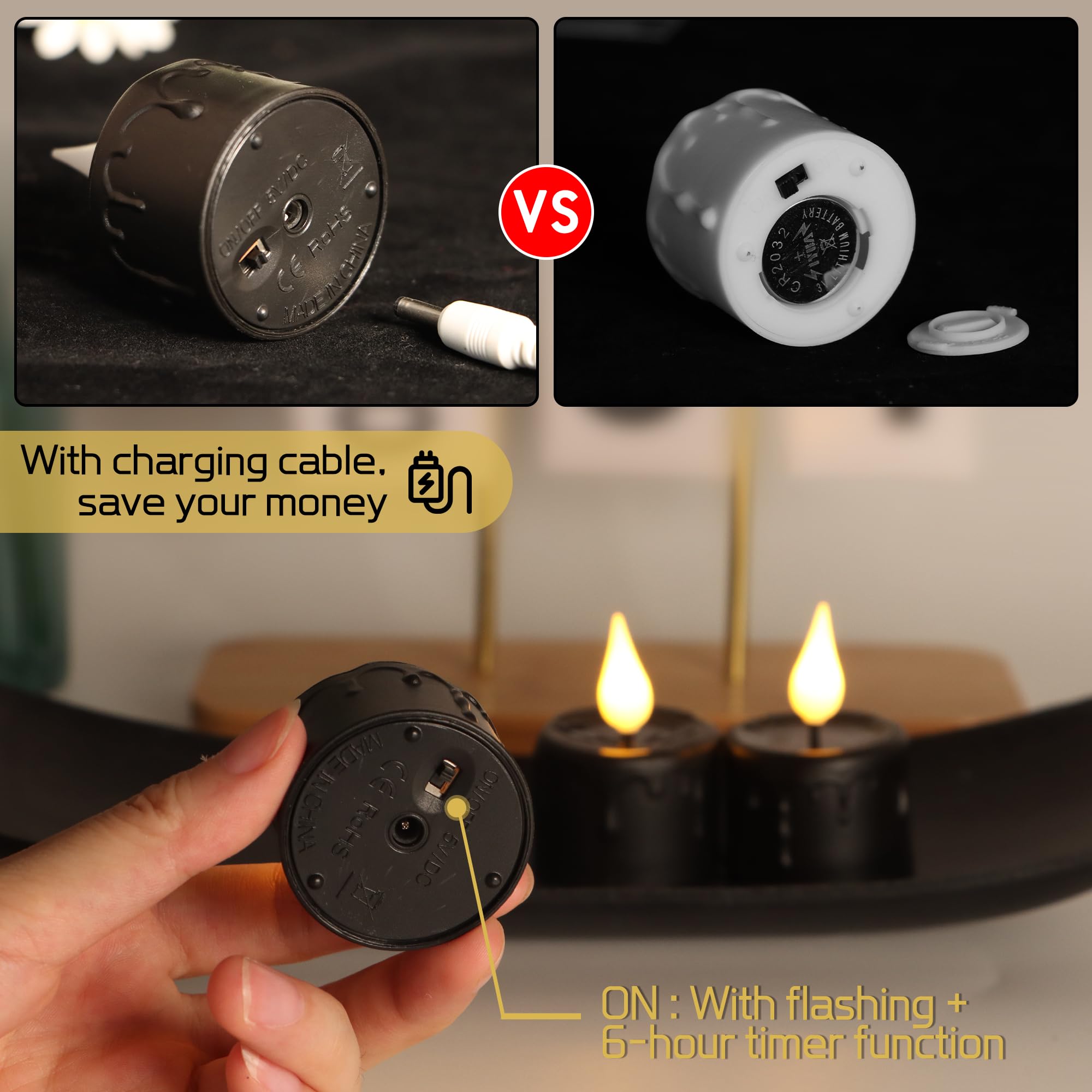 Daord 6 velas LED recargables sin llama negras para decoración de vacaciones, decoración de fiestas temáticas (negro)