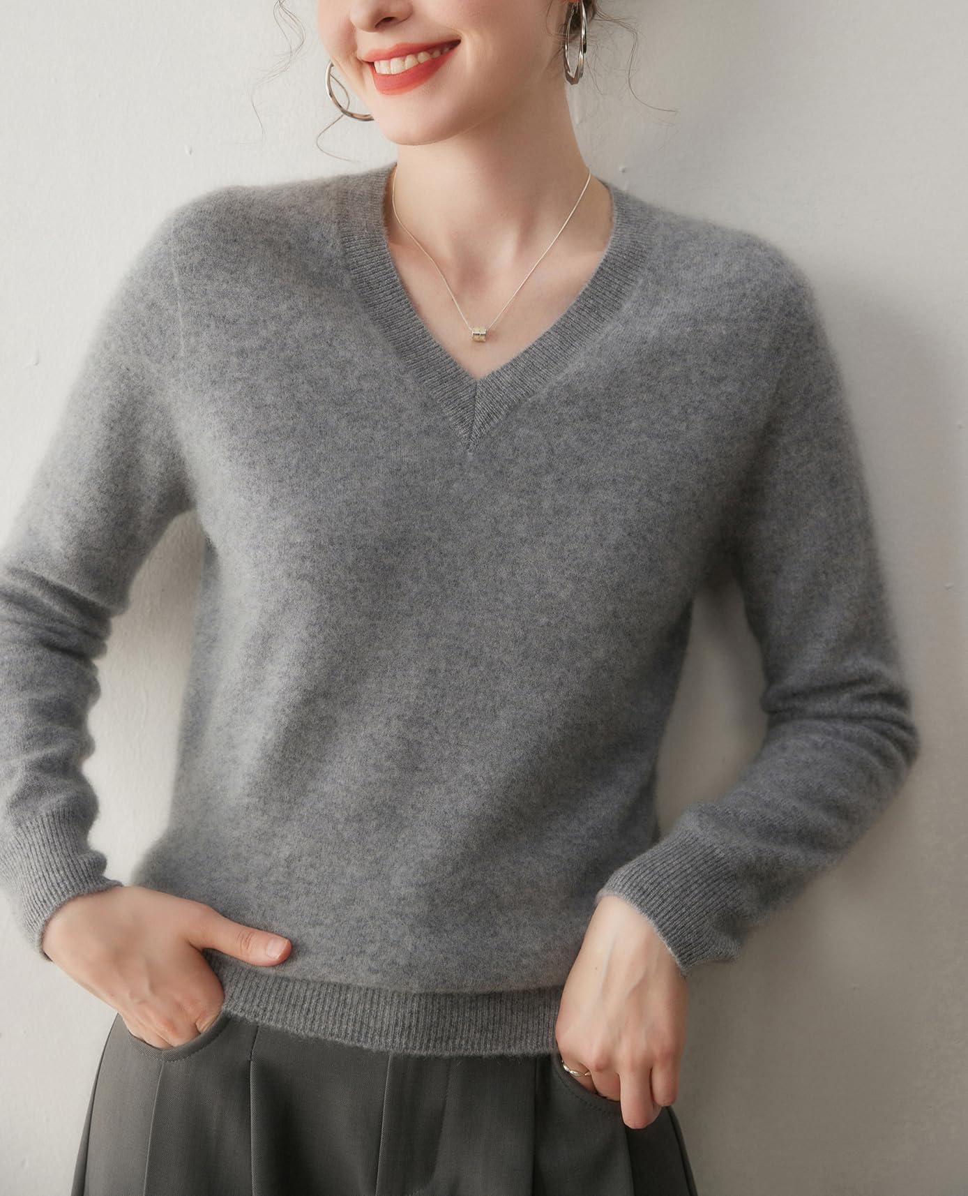 DISSA Pull Femme Col V Manches Longues Cachemire Laine,MA9005