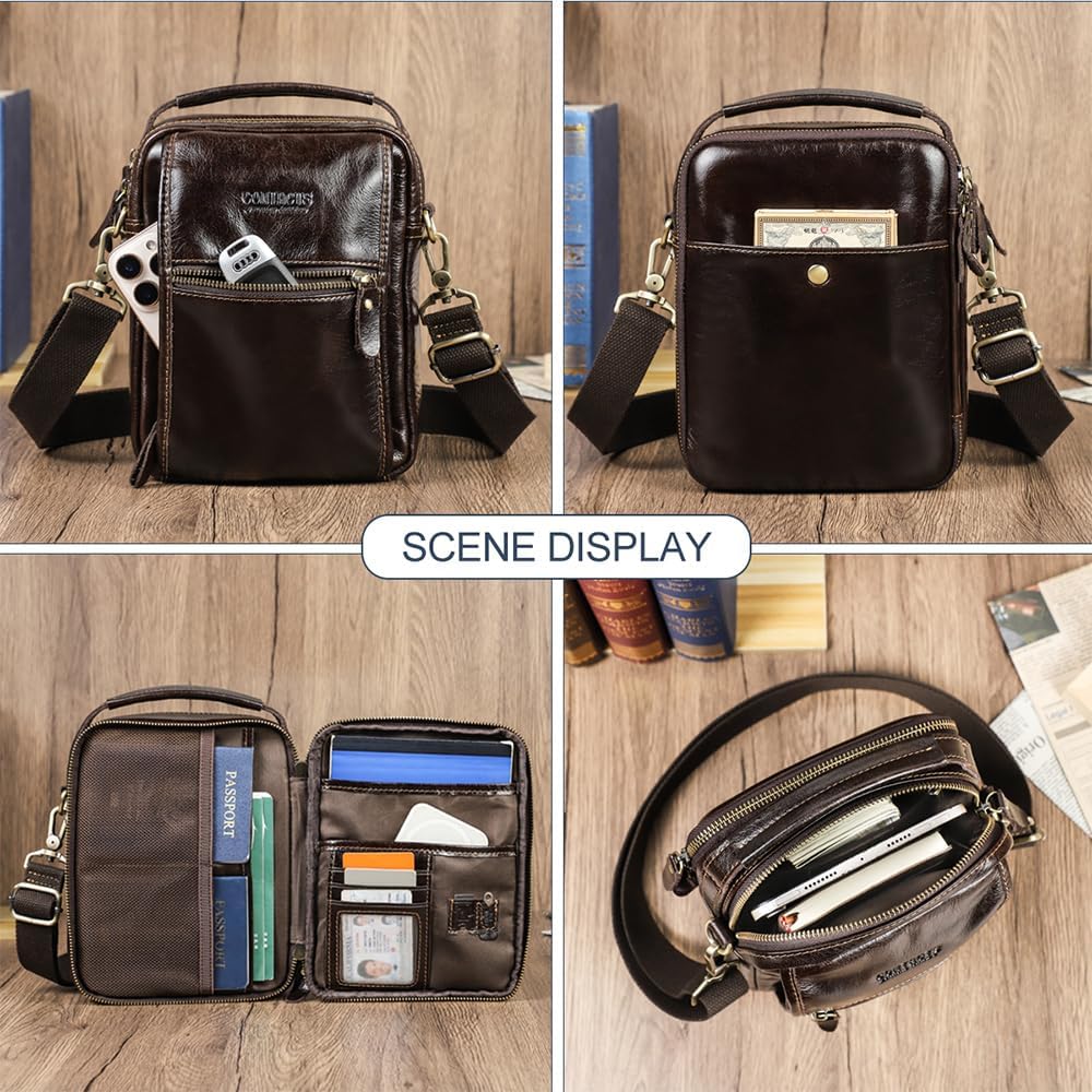 Contacts Full Grain Leather Small Messenger Bag for Men Travel Mini Crossbody Bag Mens Purse Satchel Bag Side Bag with Travel Document Compartment