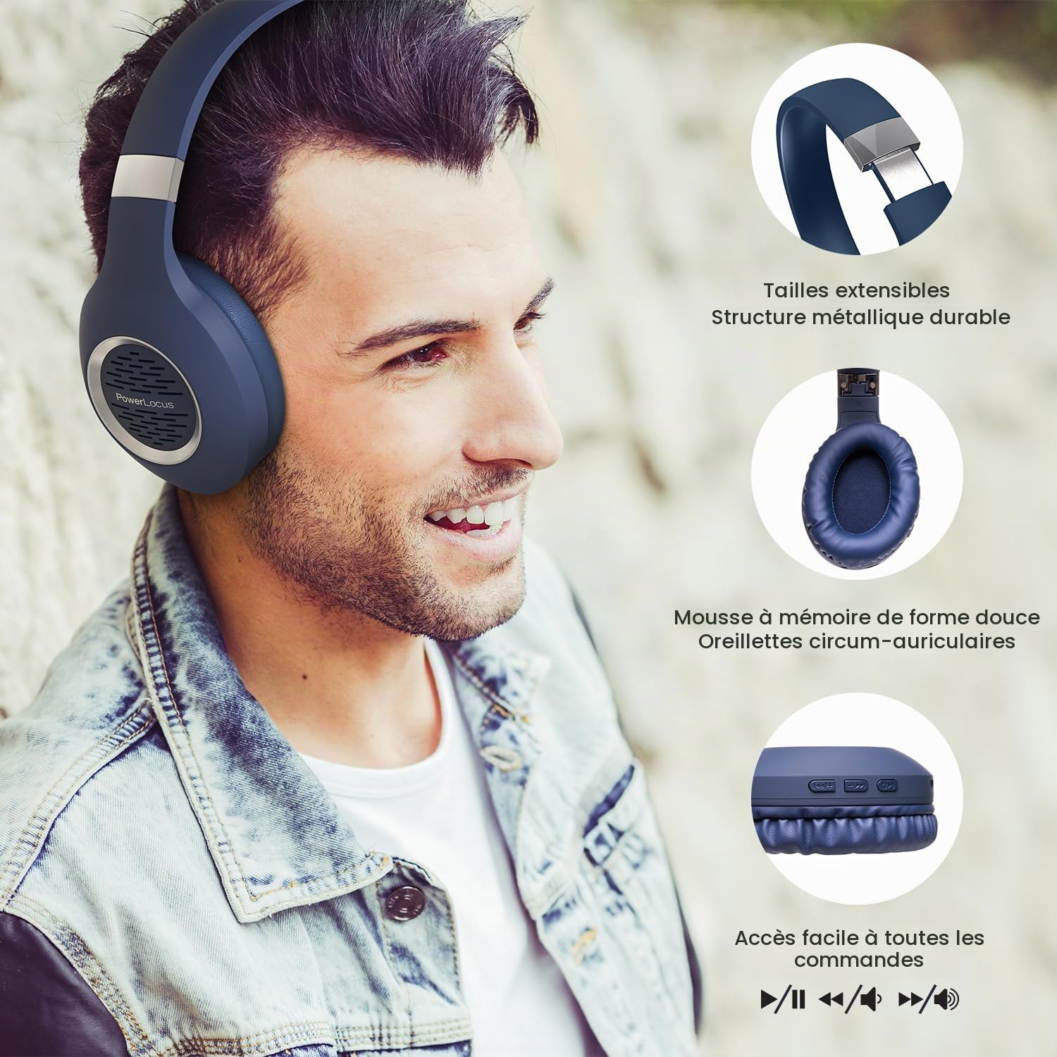 PowerLocus Casque Audio Bluetooth sans-Fil avec Microphone Intégré, Basses fréquences Stéréo Hi-FI, Confortable Cache-Oreilles pour Les Cours en Ligne, Téléphones Portables, Tablettes, PC,TV