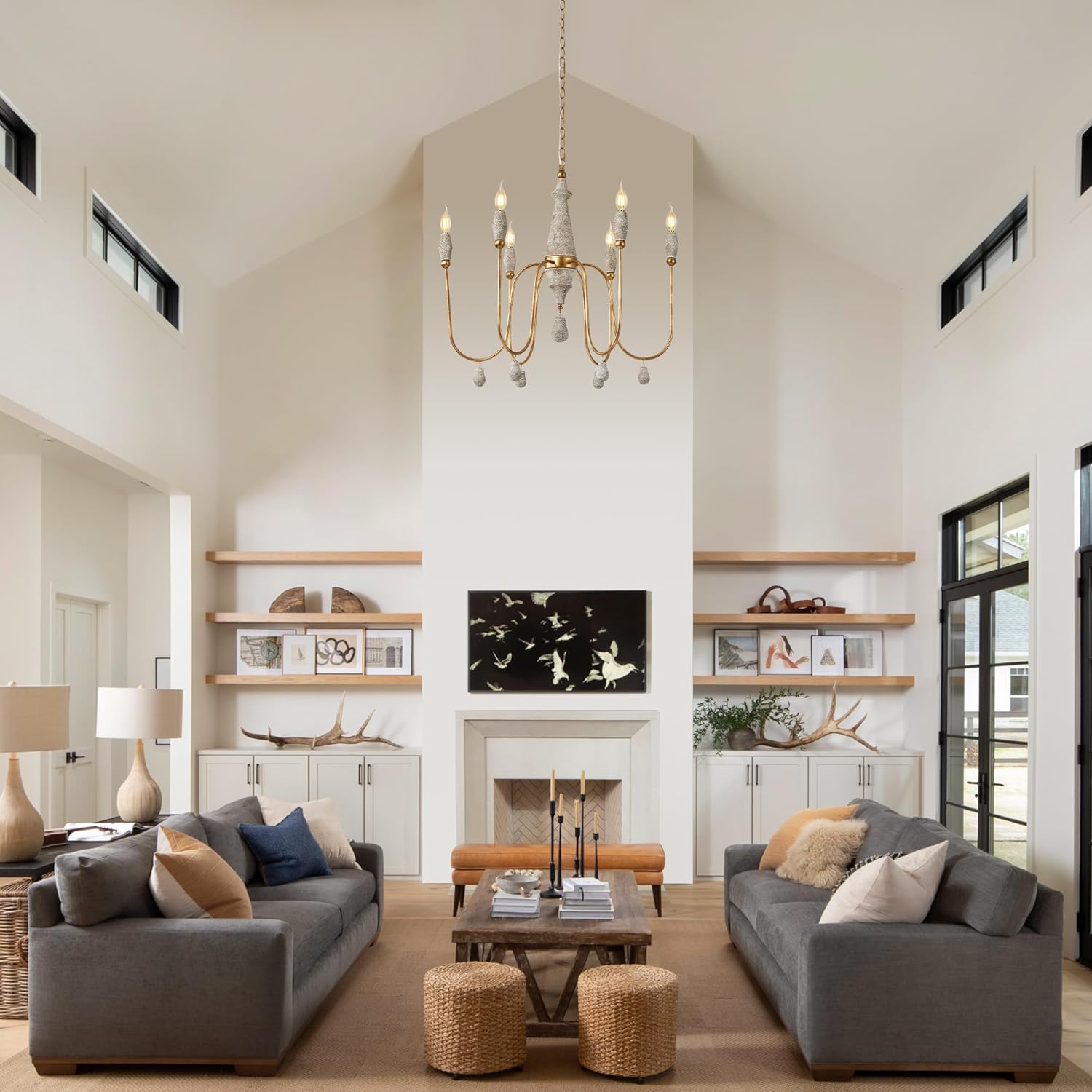 28.5" French Country Chandelier, 6-Light Farmhouse Dining Room Light Fixtures Over Table, Vintage Antique Wood Chandelier for Bedroom Kitchen Island Entryway Living Room Office