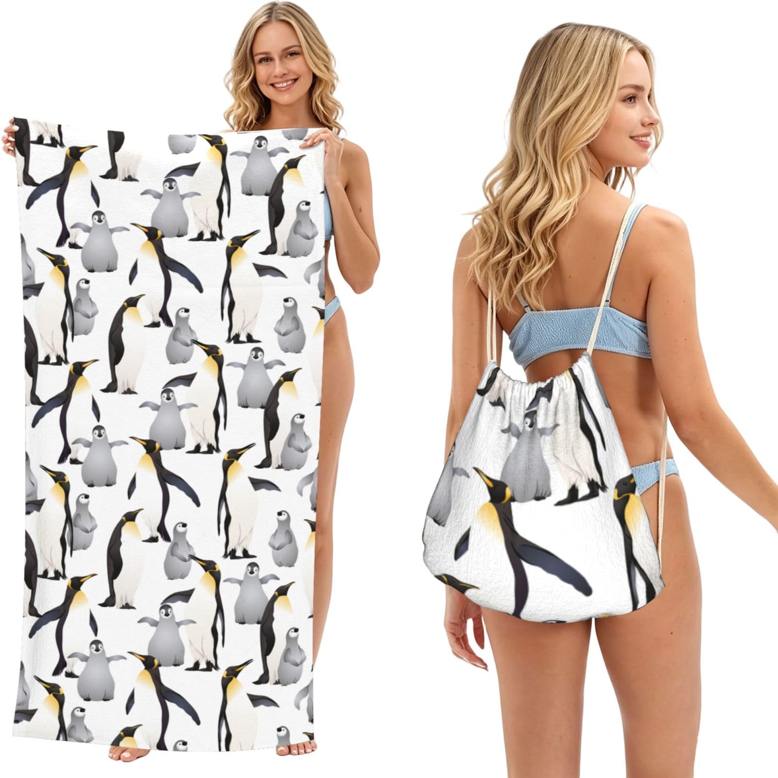 Poadnly As Picture Penguins, 2 In 1 Packable Towel Bag, Beach Towels With Drawstring Backpack For Travel Holiday Camping