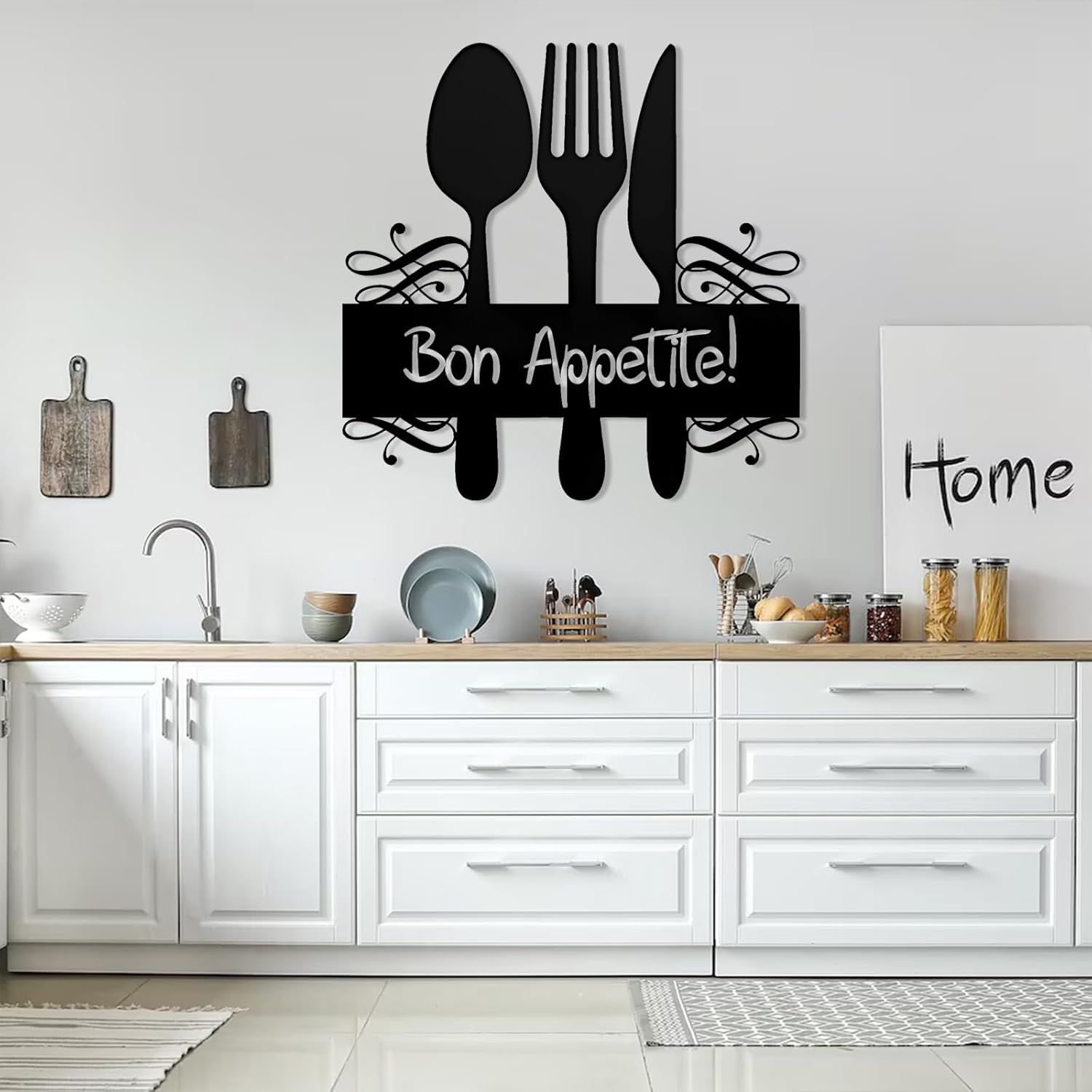 LARNT Bon Appetite Metal Wall Decor, Fork Spoon Knife Metal Wall Art, Bon Appetite Wall Art, Kitchen Wall Decor, Table Setting Wall Hanging, Letters Sign, Home Decor (Silver, 19"x19"|47x47cm)