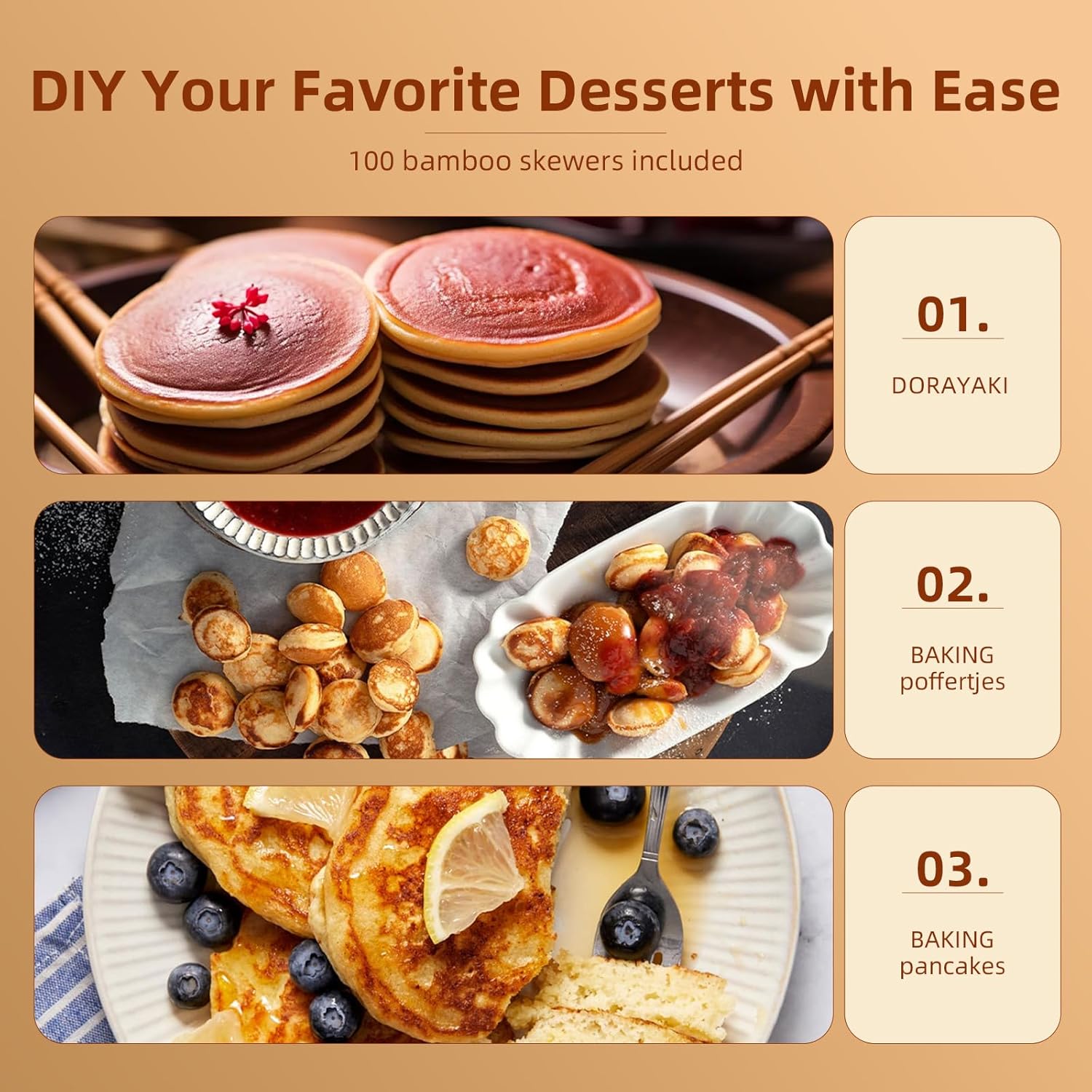 Product showcasing desserts made with a non-stick pancake pan