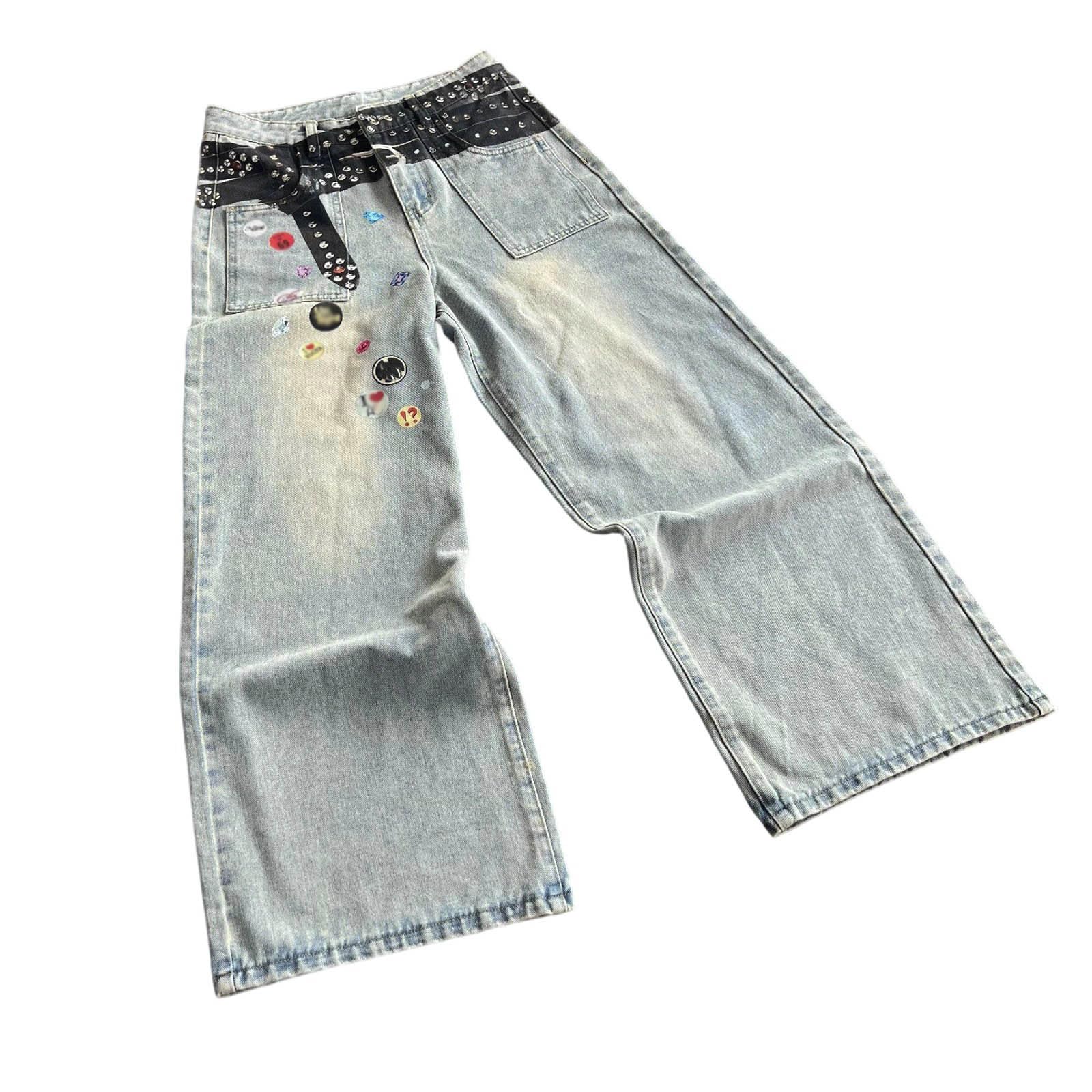 Generico Jeans Baggy Zampa Invernali Pantaloni Y2K Loose Uomo Balloon Larghi Elefante Moto Slim Strappati Fit Salopette Cargo Jins