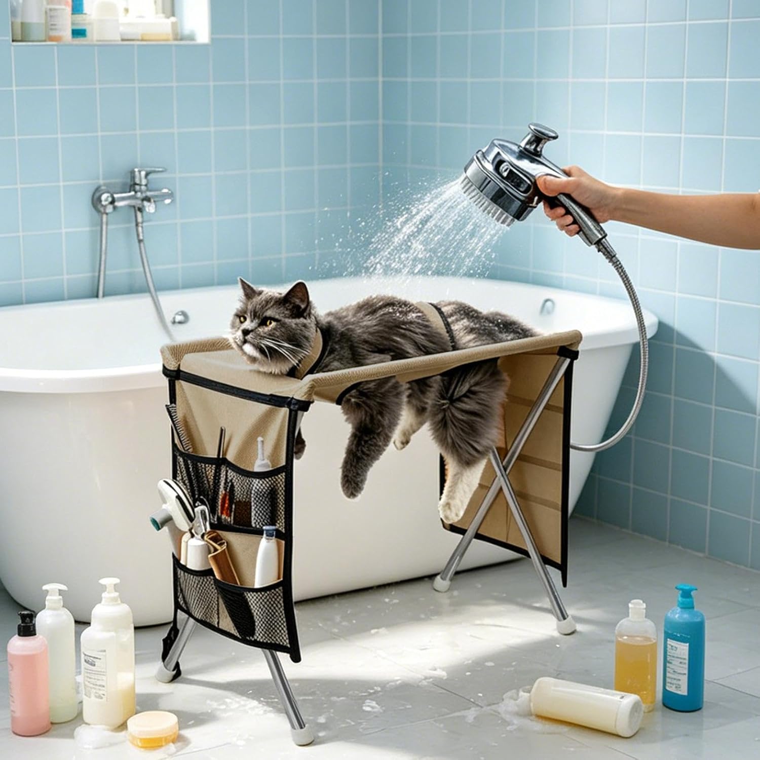 Foldable Pet Grooming Hammock Stand with Fixed Straps, Elevated Dog Cat Bathing Table Rack, Portable Pet Restraint Holder for Nail Trimming Hair Cutting Shower Grooming Workstation，Black