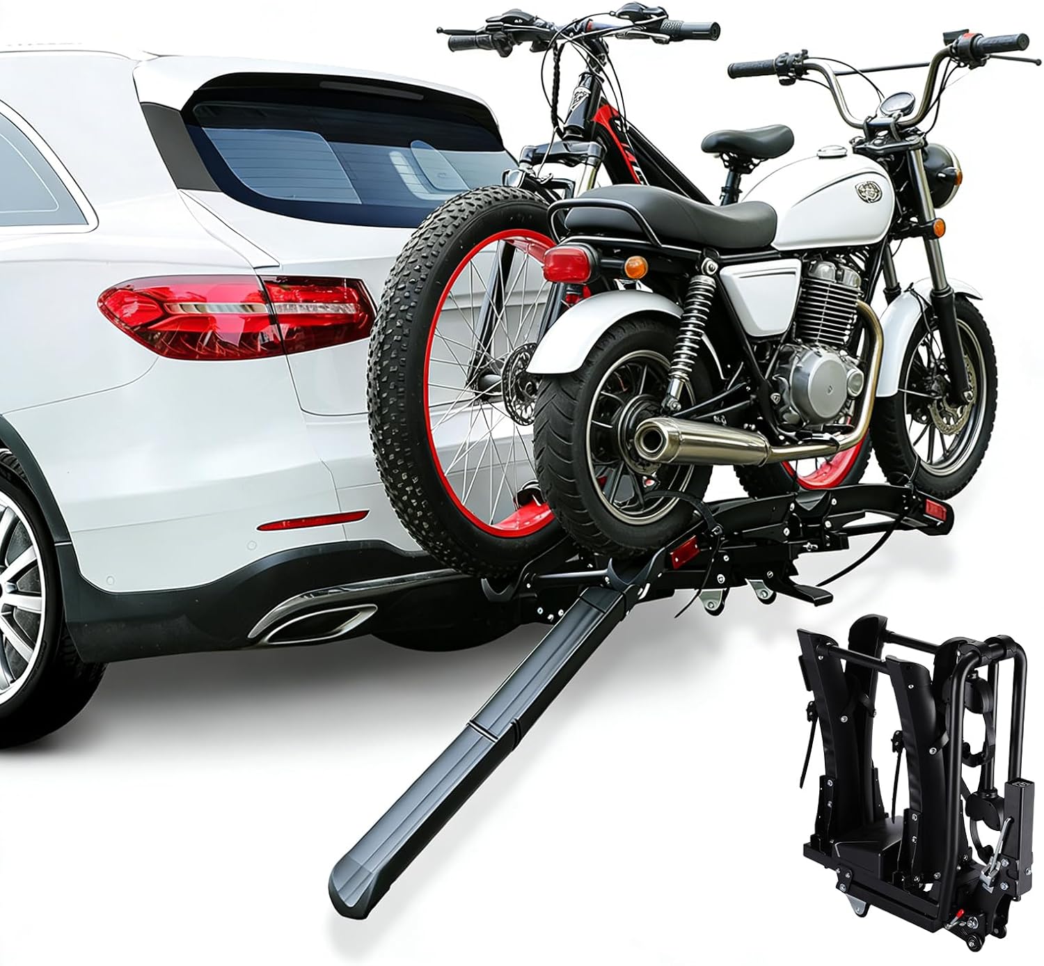 Ebike Rack with Ramp for 2" Receiver, 2 Hitch Bike Rack for Car/SUV, Up to 5’’ Fat Tire, 200 lbs Capacity, with Locks, Tiltable, Wheels for Easy Transport