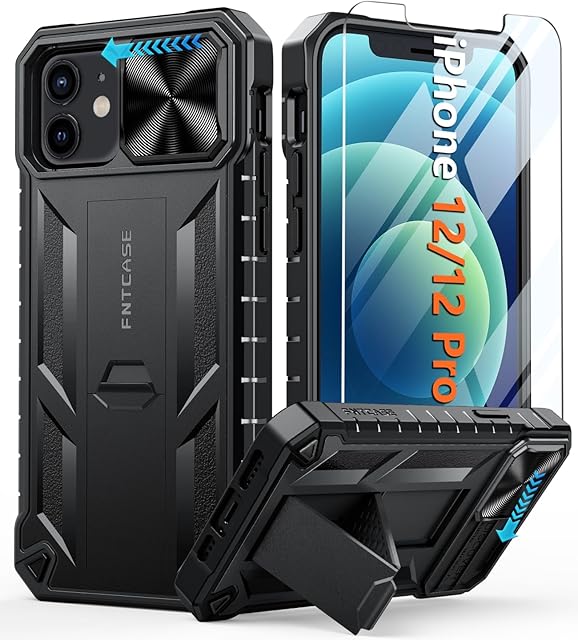 FNTCASE for iPhone 12 Phone Case: Rugged Military Grade Full Protection Shockproof Protective Case with Kickstand | TPU Matte Textured Heavy Duty Hard Bumper Phone Cover for iPhone 12/12 Pro Black