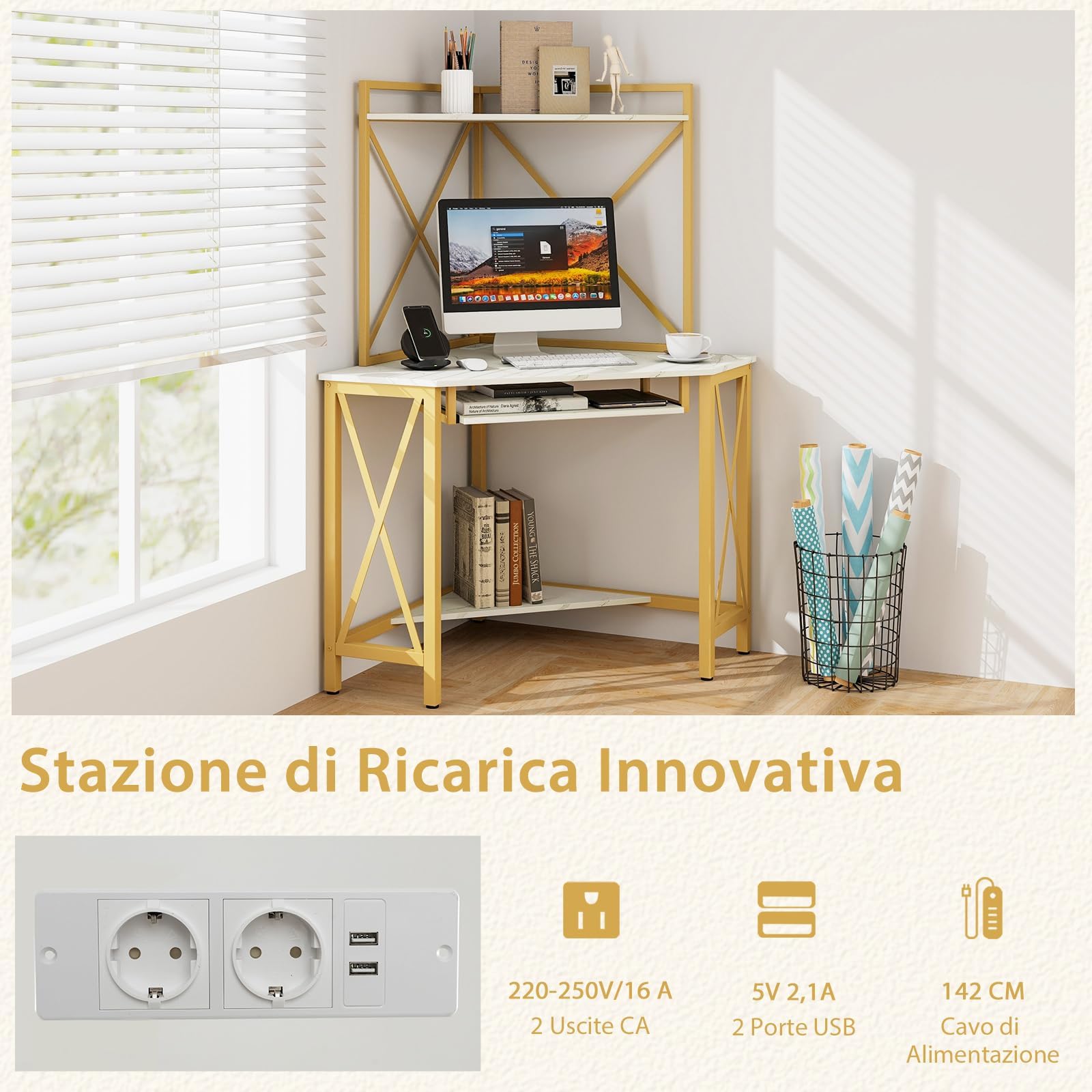GYMAX Scrivania Angolare per Computer con Prese e Porte USB, Scrivania d'Angolo con Ripiani e Porta Tastiera, per Ufficio Casa Salvaspazio (Bianco)