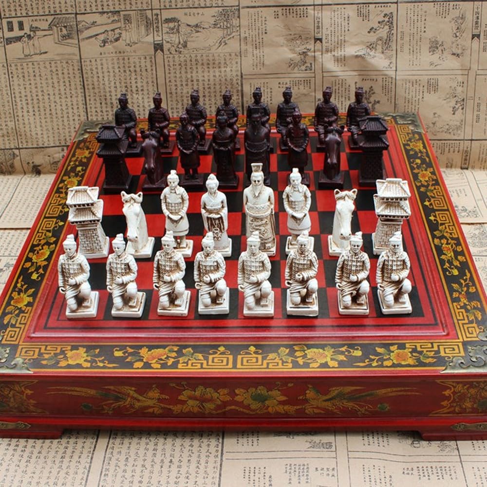Set di Scacchi retrò guerrieri di Terracotta, Gioco da Tavolo Classico per Famiglie Realizzato a Mano con Scacchiera e Scatola di immagazzinaggio (26 cm)