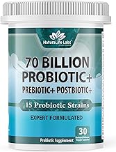 NaturaLife Labs Probiotics 70 Billion CFU – 15 Strains with Organic Prebiotic & Postbiotic – 3-in-1 Formula – 30 Vegan Capsules