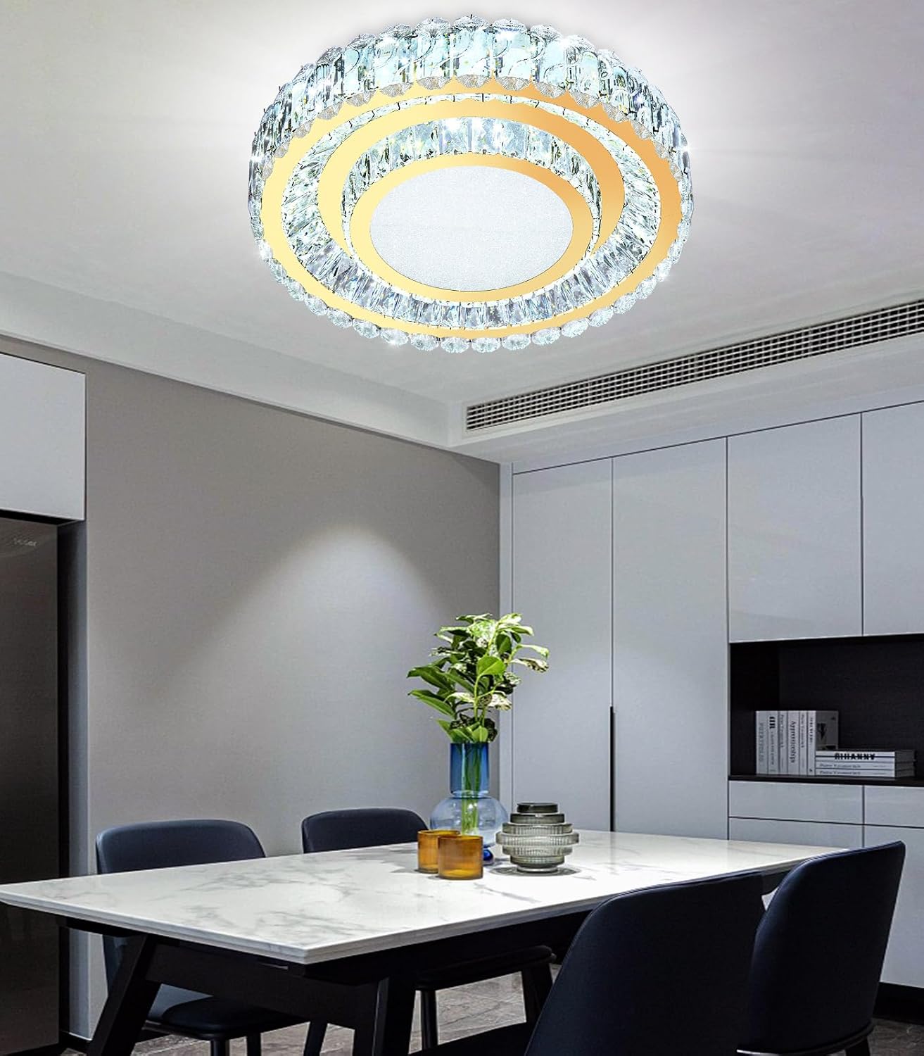 19.6" Dimmable Crystal Chandelier Modern LED Flush Mount Ceiling Light Fixtures for Living Room Bedroom Hallway Kitchen Island Staircase Gold