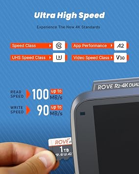 ROVE PRO 1TB Micro SD Card microSDXC Memory Card with Full-Size SD Adapter 100MB/s Read Speed, C10, U3, V30, 4K, A2 for R2-4K Dual Dash Cam, Android Smart Phones, Tablets, Games