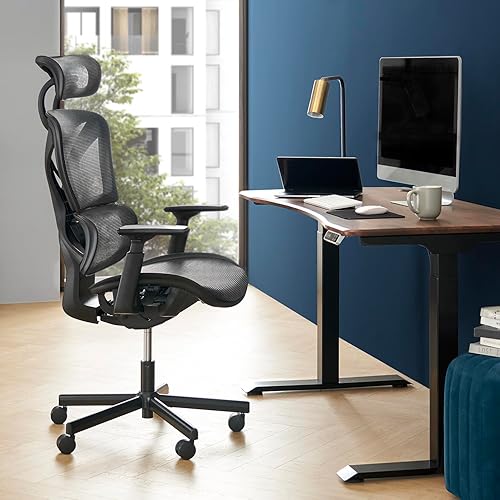 mopio Lucas Silla de oficina ergonómica de malla, reposacabezas ajustable con respaldo alto y reposabrazos ajustable. Soporte lumbar, marco de