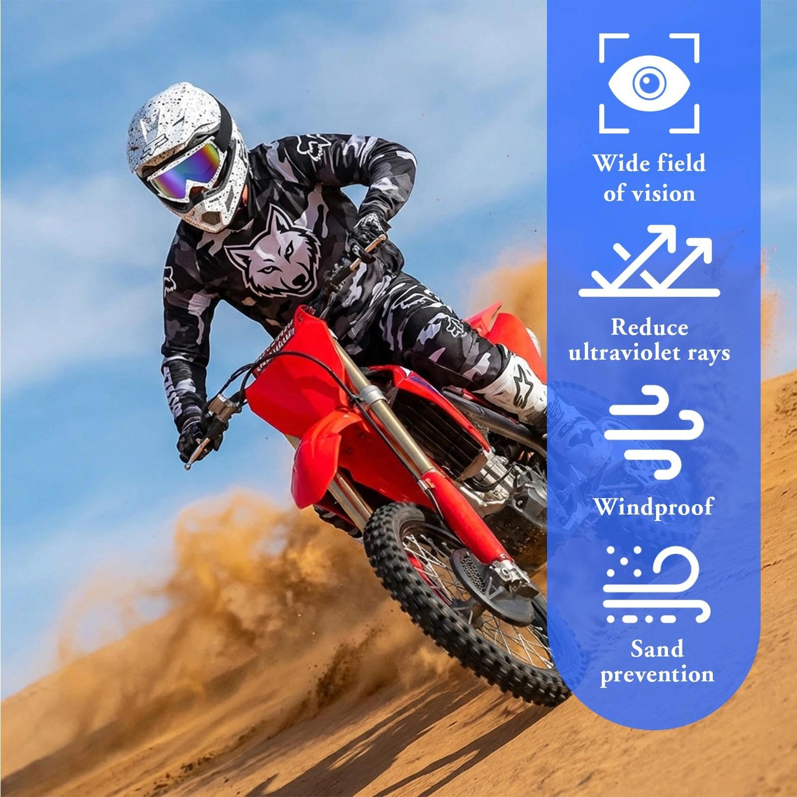 Occhiali Motocross,OTG Maschere Snowboard,Mascherina Casco Motocross - Antivento, Antiappannamento, protezione UV,Imbottiti Schiuma - Unisex per Moto, MTB, ATV, Casco Compatibile.（Bianco）