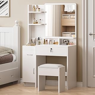 Dressing Table with Large Mirror, Bedroom Makeup Vanity Desk with Soft Stool, Vanity Desk Set with 2 Drawer, 1 Cabinets, 6 Open Storage Compartments, for Bedroom, White