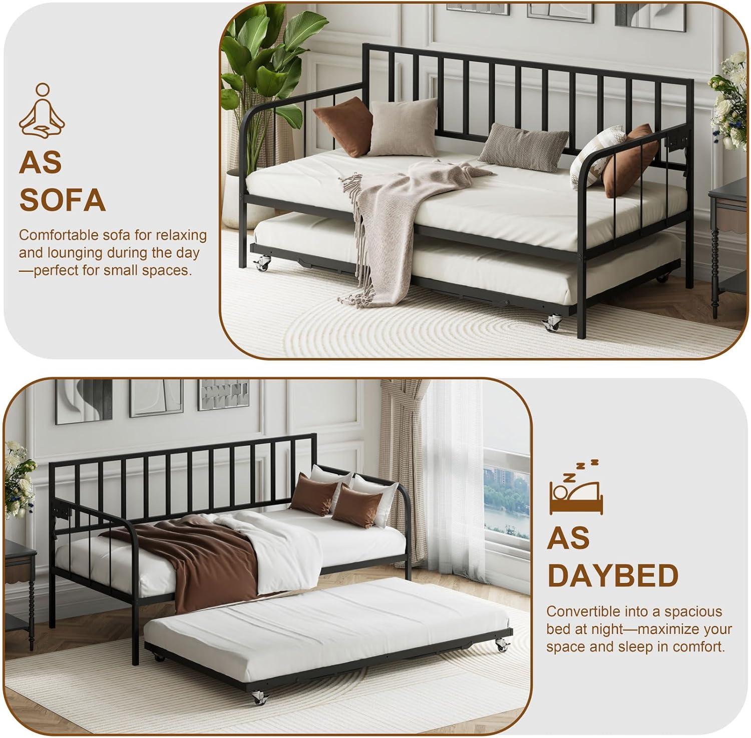 Twin Metal Trundle Bed with LED Light, Sofa Bed Frame with Heavy Duty Metal Slats Sppports, Space Saving, for Living Room, Bedroom and Guest Room 76.77x37.99x38.44in