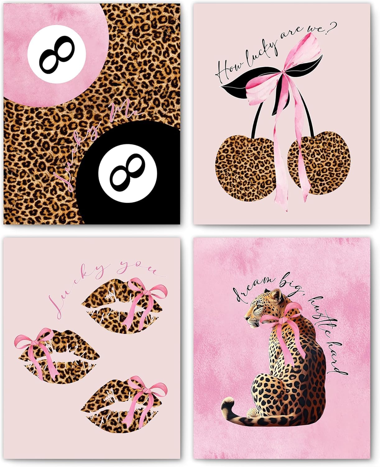 MINWEGI 4-Piece Sweet Bowknot Wall Prints Set with 16 Removable Stickers - Pink Canvas Art Decor for Bedroom, Girls Room & Party (15x20cm)